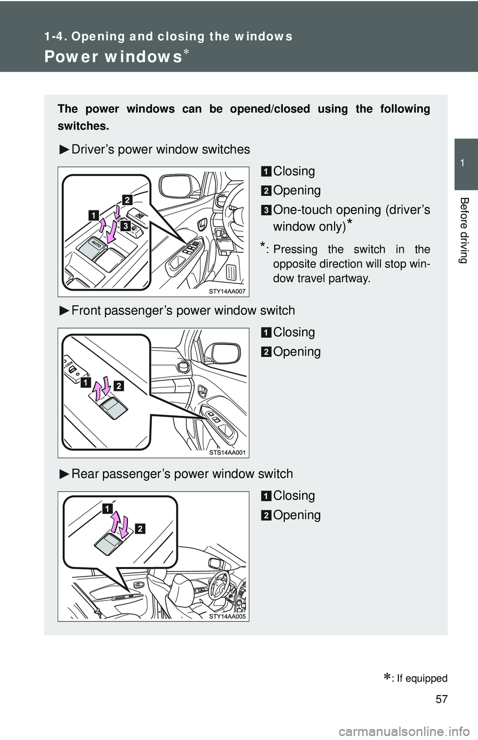 TOYOTA YARIS SEDAN 2011  Owners Manual 57
1
Before driving
1-4. Opening and closing the windows
Power windows∗
∗: If equipped
The power windows can be opened/closed using the following
switches.
Driver’s power window switches
Closing
