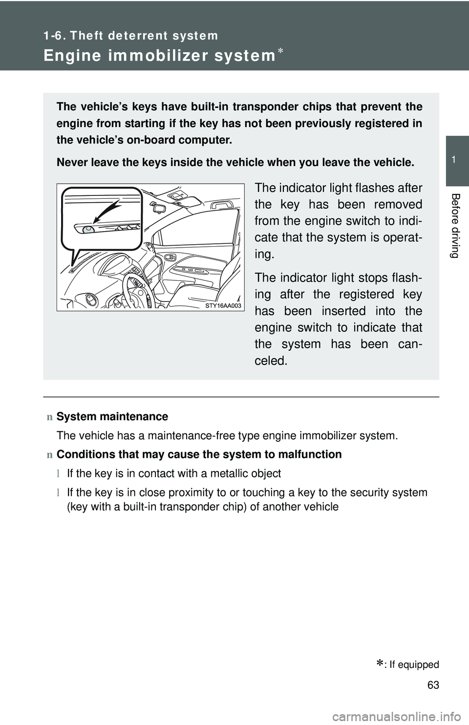 TOYOTA YARIS SEDAN 2011  Owners Manual 63
1
Before driving
1-6. Theft deterrent system
Engine immobilizer system∗
∗: If equipped
nSystem maintenance
The vehicle has a maintenance-free type engine immobilizer system.
n Conditions that m