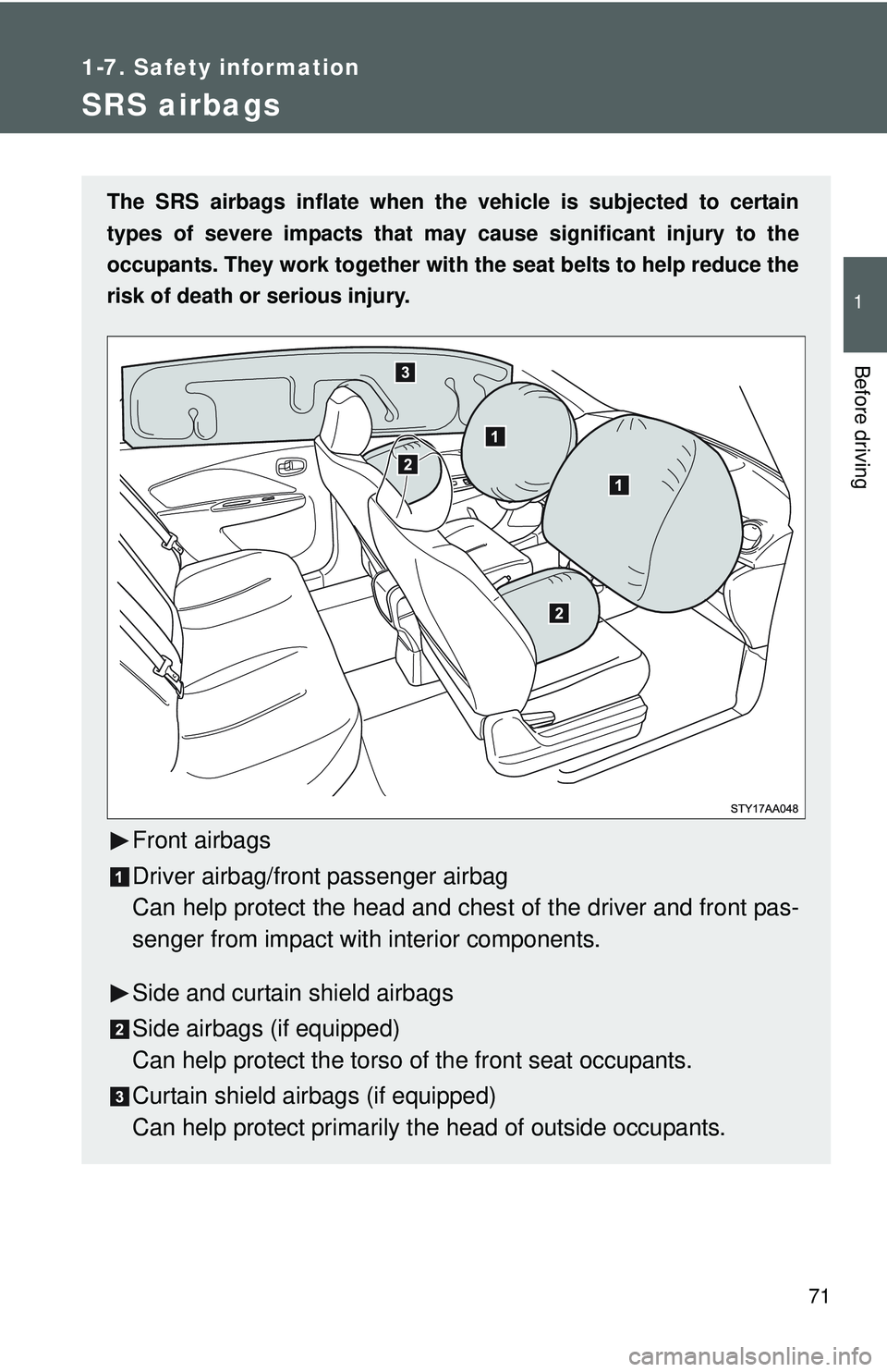 TOYOTA YARIS SEDAN 2011  Owners Manual 71
1
1-7. Safety information
Before driving
SRS airbags
The SRS airbags inflate when the vehicle is subjected to certain
types of severe impacts that may  cause significant injury to the
occupants. Th