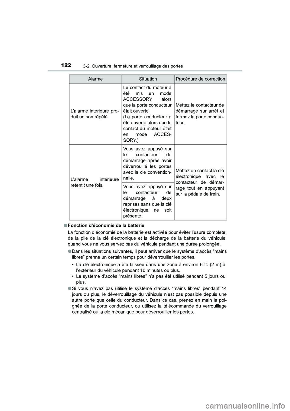 TOYOTA 4RUNNER 2017  Manuel du propriétaire (in French) 1223-2. Ouverture, fermeture et verrouillage des portes
4RUNNER (D)_(OM35B37D)■
Fonction d’économie de la batterie
La fonction d’économie de la batterie est activée pour éviter l’usure com