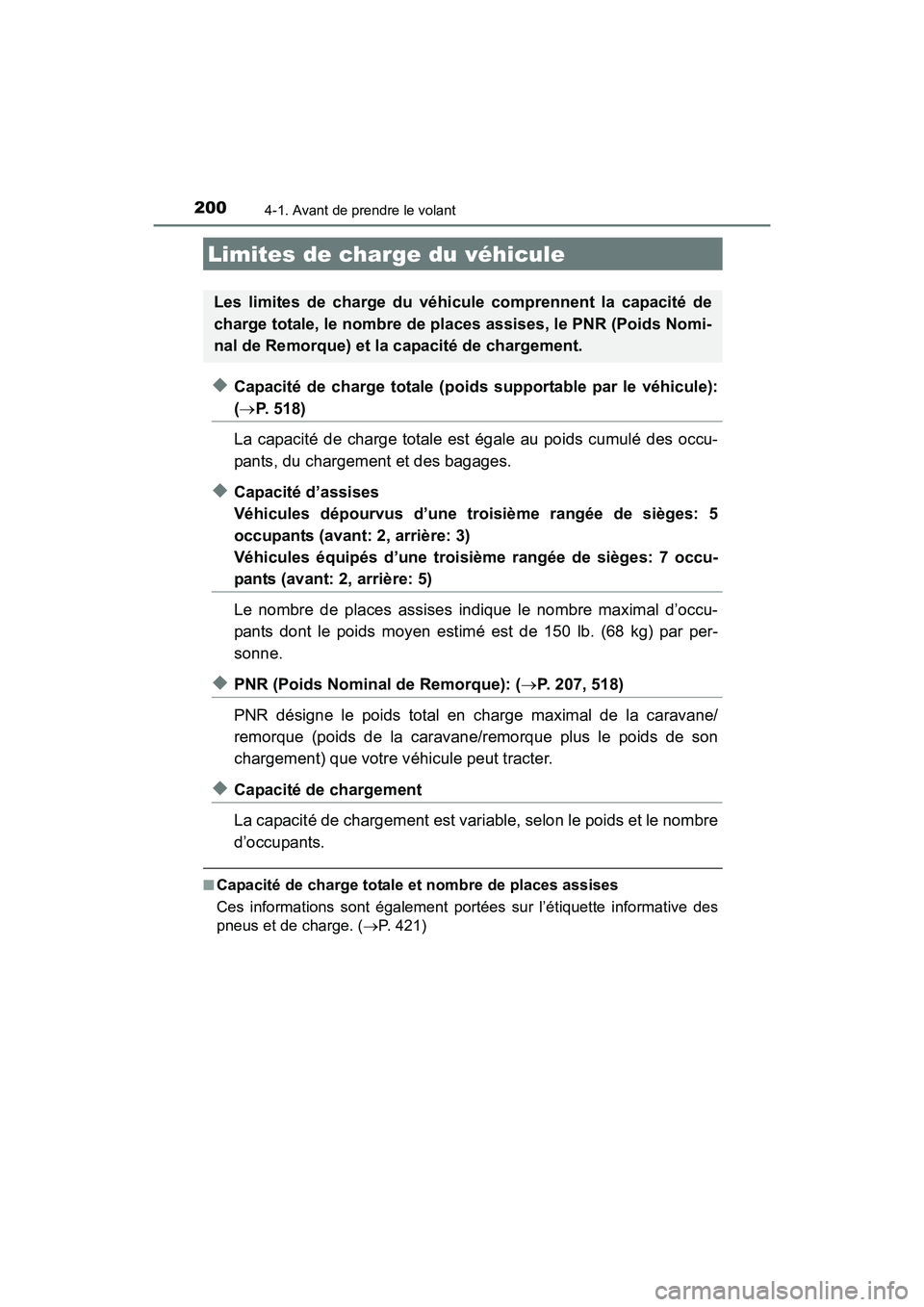 TOYOTA 4RUNNER 2017  Manuel du propriétaire (in French) 2004-1. Avant de prendre le volant
4RUNNER (D)_(OM35B37D)
◆Capacité de charge totale (poids supportable par le véhicule):
(→ P. 518) 
La capacité de charge totale est égale au poids cumulé de