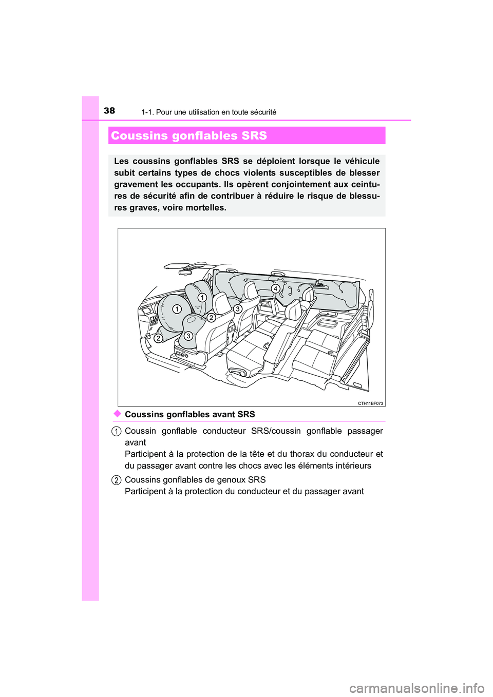 TOYOTA 4RUNNER 2017  Manuel du propriétaire (in French) 381-1. Pour une utilisation en toute sécurité
4RUNNER (D)_(OM35B37D)
◆Coussins gonflables avant SRS
Coussin gonflable conducteur SRS/coussin gonflable passager
avant
Participent à la protection d