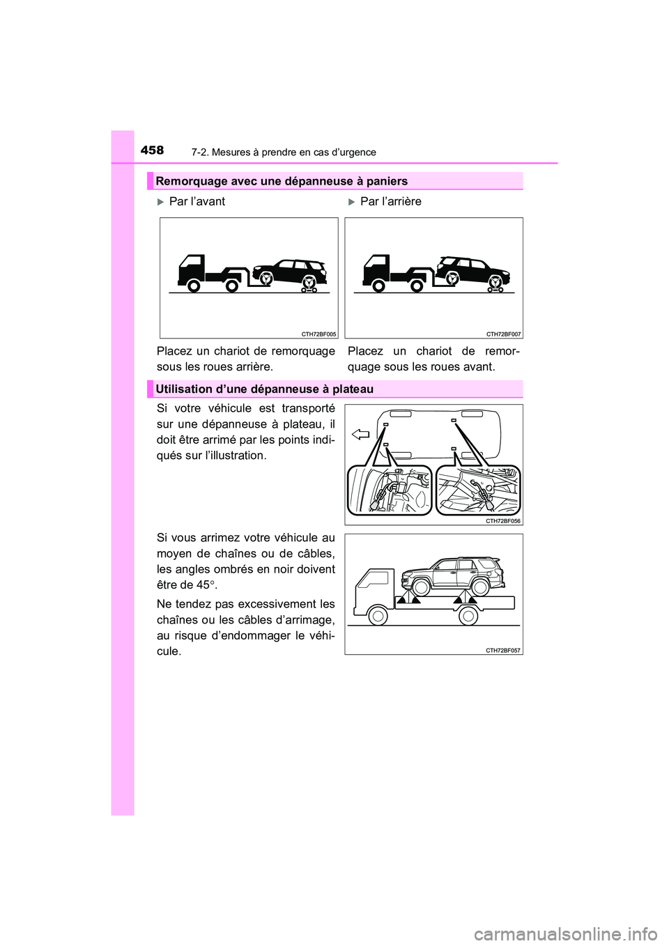 TOYOTA 4RUNNER 2017  Manuel du propriétaire (in French) 4587-2. Mesures à prendre en cas d’urgence
4RUNNER (D)_(OM35B37D)
Si votre véhicule est transporté
sur une dépanneuse à plateau, il
doit être arrimé par les points indi-
qués sur l’illustr