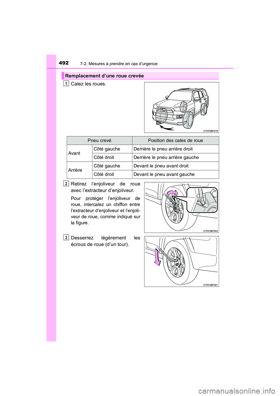 TOYOTA 4RUNNER 2017  Manuel du propriétaire (in French) 4927-2. Mesures à prendre en cas d’urgence
4RUNNER (D)_(OM35B37D)
Calez les roues.
Retirez l’enjoliveur de roue
avec l’extracteur d’enjoliveur.
Pour protéger l’enjoliveur de
roue, intercal
