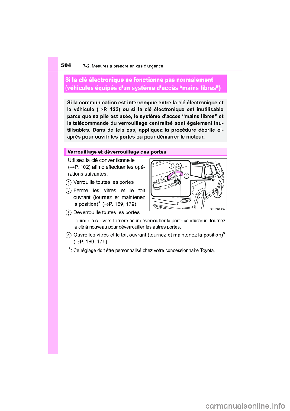 TOYOTA 4RUNNER 2017  Manuel du propriétaire (in French) 5047-2. Mesures à prendre en cas d’urgence
4RUNNER (D)_(OM35B37D)
Utilisez la clé conventionnelle 
(→ P. 102) afin d’effectuer les opé-
rations suivantes:
Verrouille toutes les portes
Ferme l