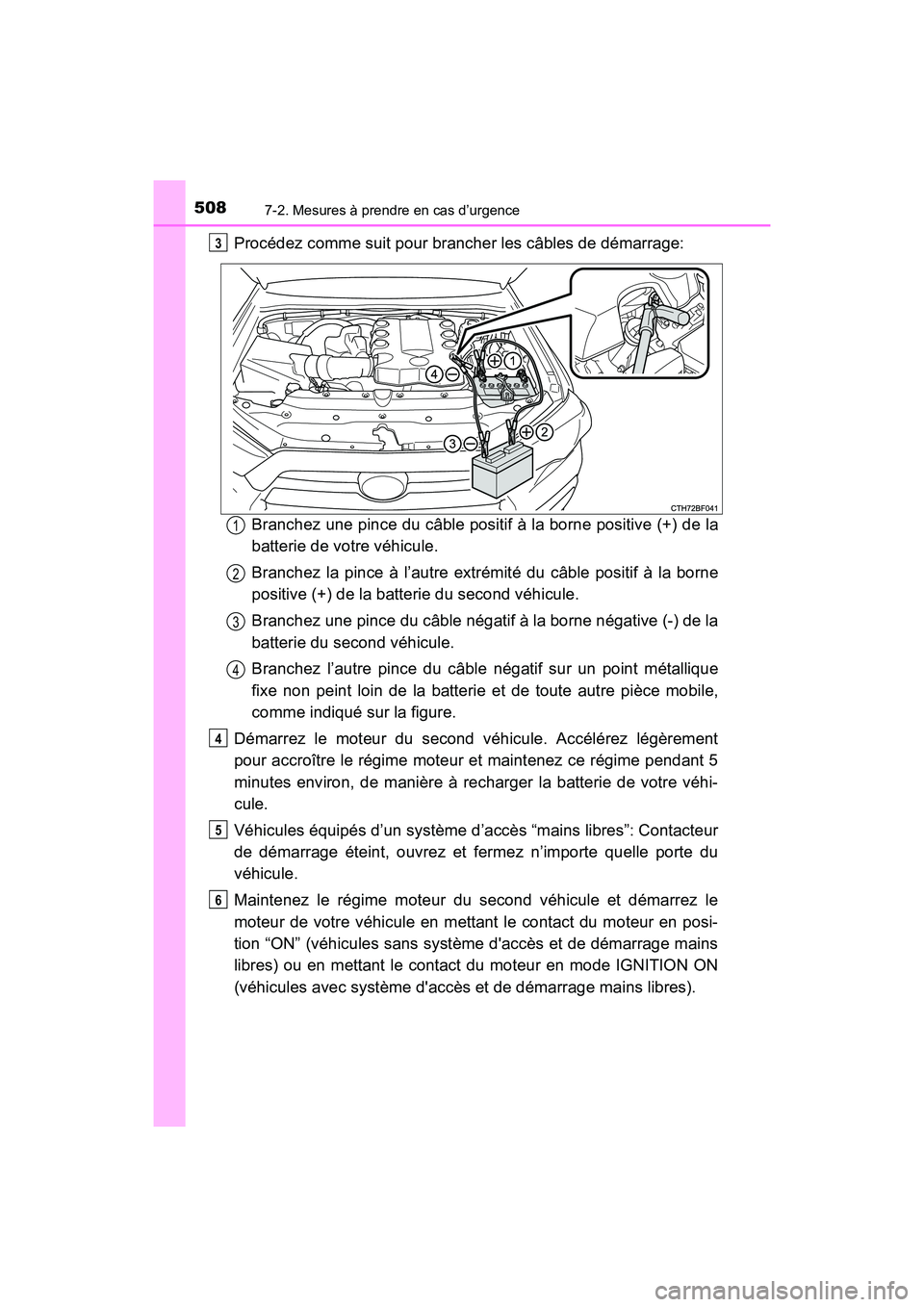 TOYOTA 4RUNNER 2017  Manuel du propriétaire (in French) 5087-2. Mesures à prendre en cas d’urgence
4RUNNER (D)_(OM35B37D)
Procédez comme suit pour brancher les câbles de démarrage:Branchez une pince du câble positif à la borne positive (+) de la
ba
