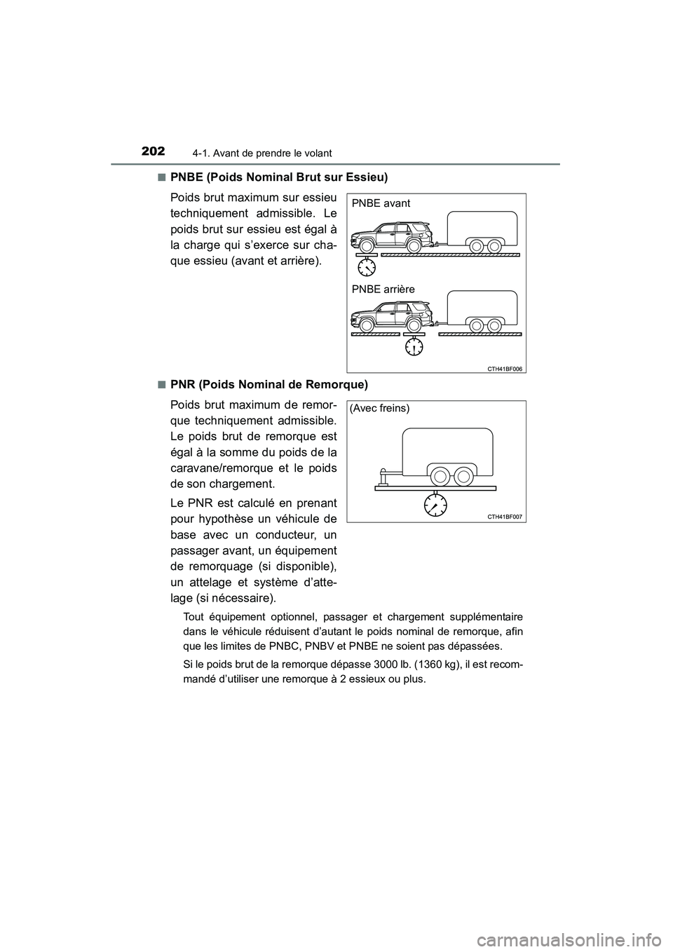 TOYOTA 4RUNNER 2015  Manuel du propriétaire (in French) 2024-1. Avant de prendre le volant
4RUNNER (D)_(OM35B18D)■
PNBE (Poids Nominal Brut sur Essieu)
Poids brut maximum sur essieu
techniquement admissible. Le
poids brut sur essieu est égal à
la charg