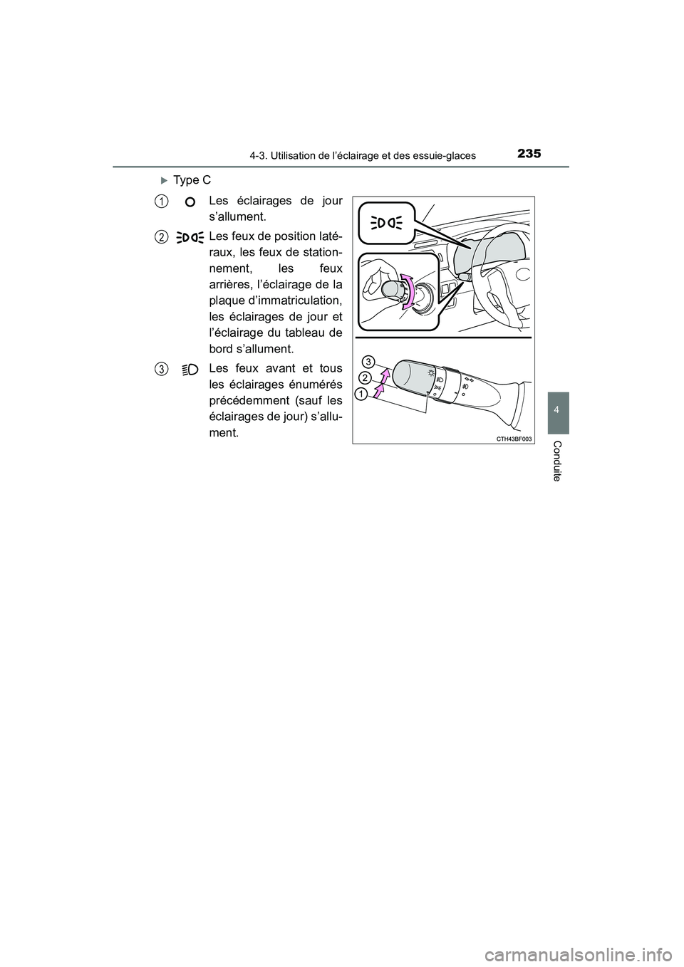 TOYOTA 4RUNNER 2015  Manuel du propriétaire (in French) 2354-3. Utilisation de l’éclairage et des essuie-glaces
4
Conduite
4RUNNER (D)_(OM35B18D)
�XType CLes éclairages de jour
s’allument.
Les feux de position laté-
raux, les feux de station-
nement