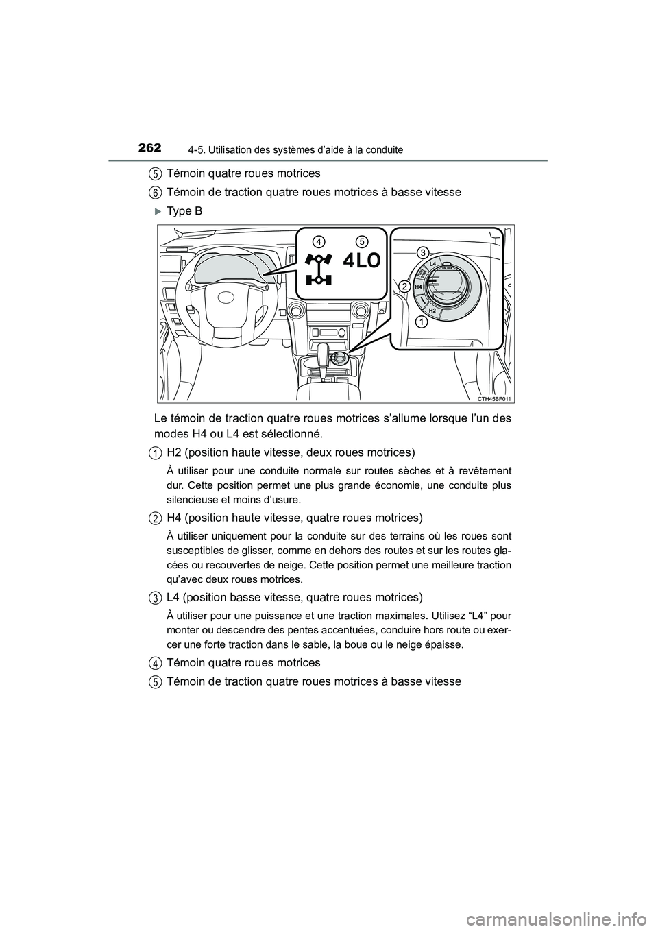 TOYOTA 4RUNNER 2015  Manuel du propriétaire (in French) 2624-5. Utilisation des systèmes d’aide à la conduite
4RUNNER (D)_(OM35B18D)
Témoin quatre roues motrices
Témoin de traction quatre roues motrices à basse vitesse
�XType B
Le témoin de tractio