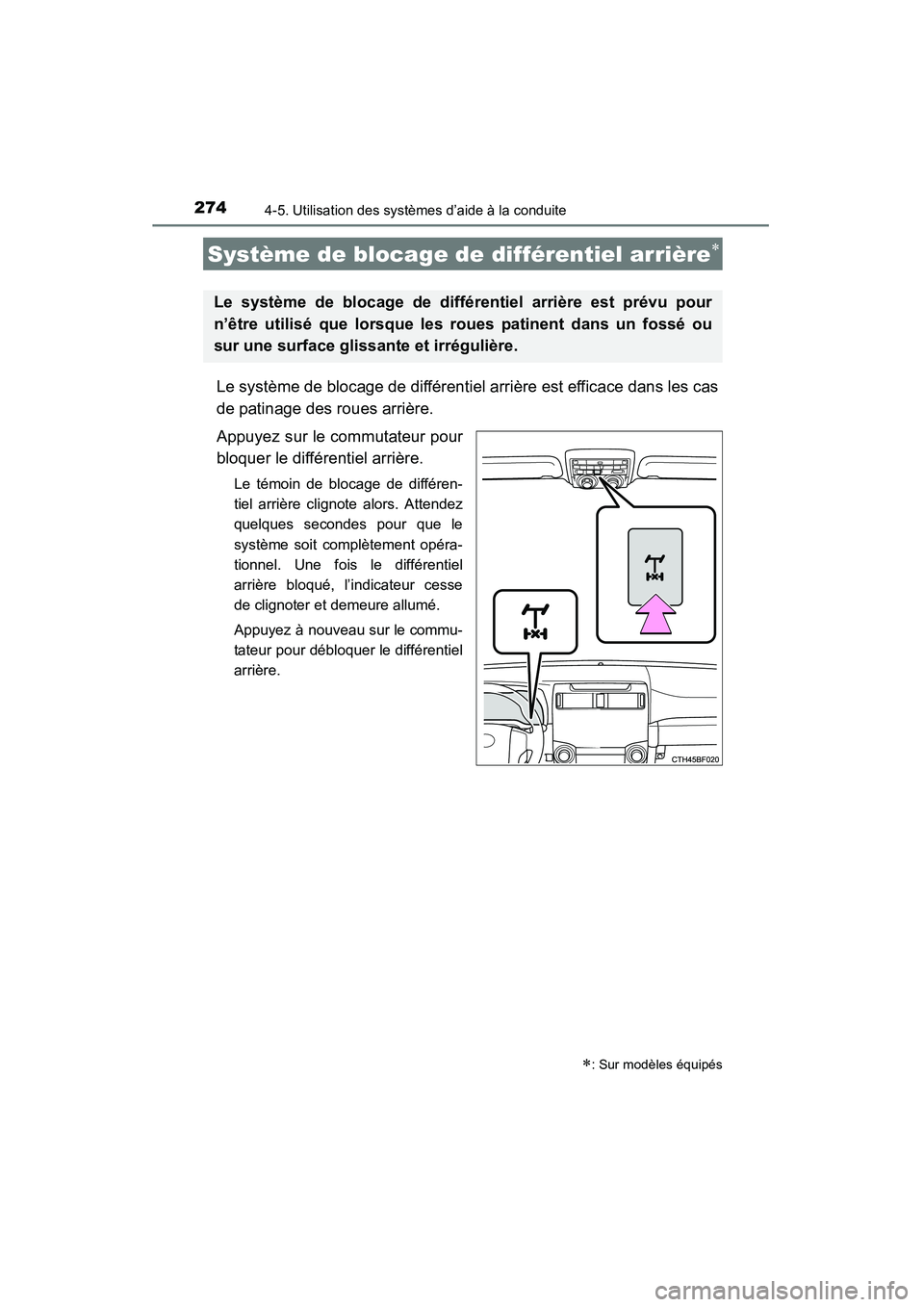 TOYOTA 4RUNNER 2015  Manuel du propriétaire (in French) 2744-5. Utilisation des systèmes d’aide à la conduite
4RUNNER (D)_(OM35B18D)
Le système de blocage de différentiel arrière est efficace dans les cas
de patinage des roues arrière.
Appuyez sur 