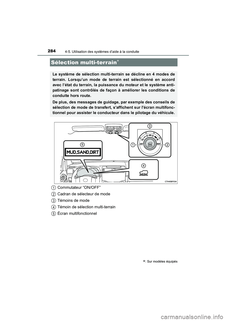 TOYOTA 4RUNNER 2015  Manuel du propriétaire (in French) 2844-5. Utilisation des systèmes d’aide à la conduite
4RUNNER (D)_(OM35B18D)
Sélection multi-terrain∗
∗: Sur modèles équipés
Le système de sélection multi-terrain se décline en 4 modes 