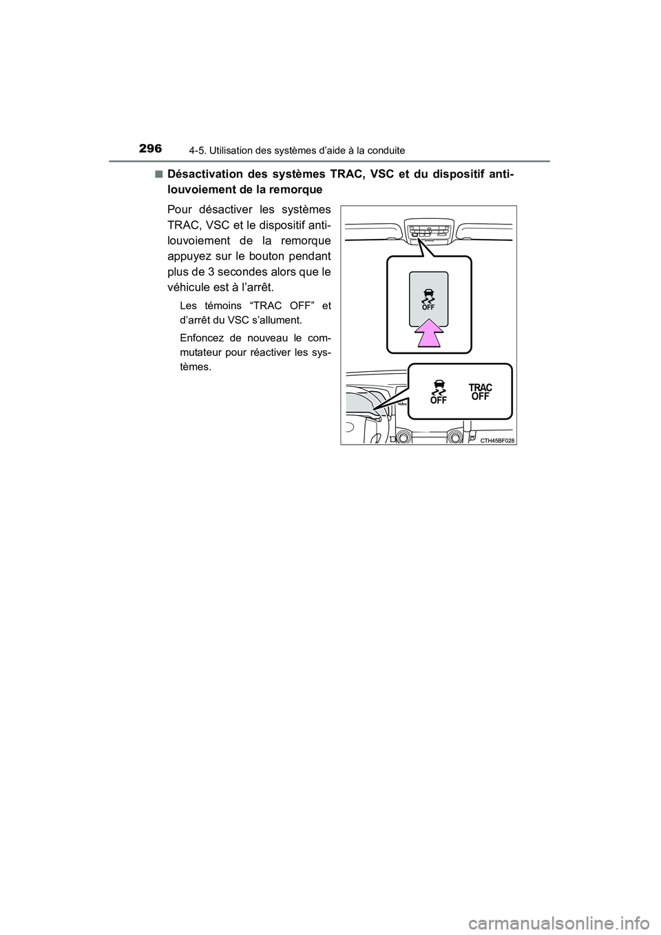 TOYOTA 4RUNNER 2015  Manuel du propriétaire (in French) 2964-5. Utilisation des systèmes d’aide à la conduite
4RUNNER (D)_(OM35B18D)■
Désactivation des systèmes TRAC, VSC et du dispositif anti-
louvoiement de la remorque
Pour désactiver les systè