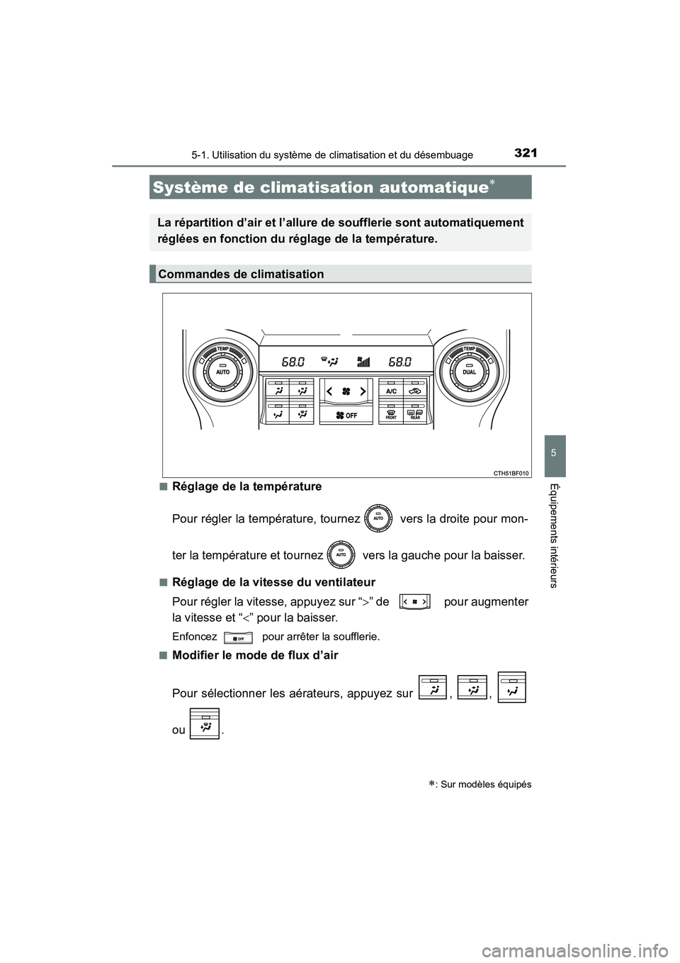 TOYOTA 4RUNNER 2015  Manuel du propriétaire (in French) 3215-1. Utilisation du système de climatisation et du désembuage
5
Équipements intérieurs
4RUNNER (D)_(OM35B18D)■
Réglage de la température
Pour régler la température, tournez   vers la droi