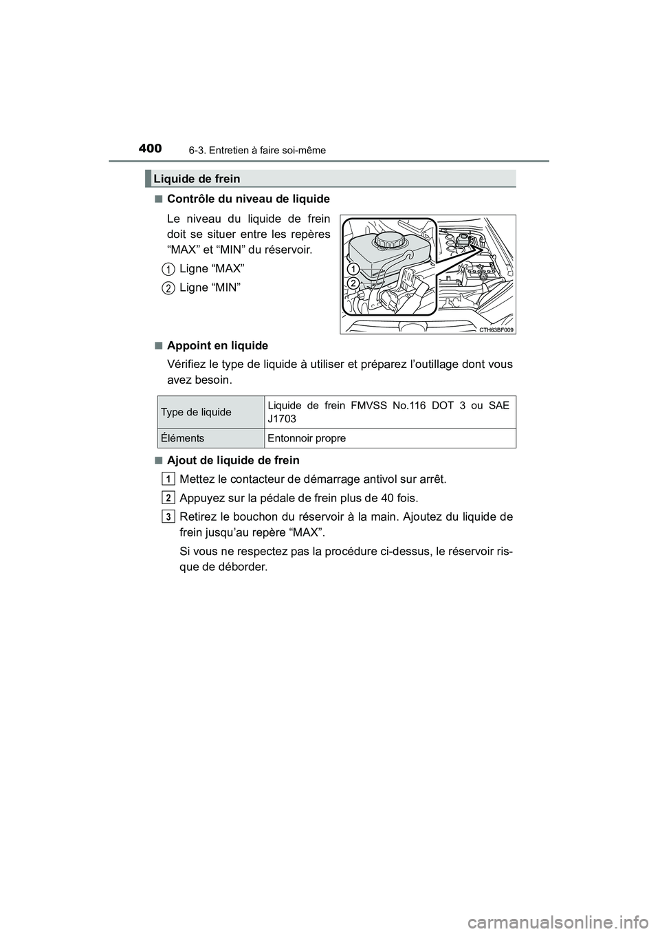 TOYOTA 4RUNNER 2015  Manuel du propriétaire (in French) 4006-3. Entretien à faire soi-même
4RUNNER (D)_(OM35B18D)■
Contrôle du niveau de liquide
Le niveau du liquide de frein
doit se situer entre les repères
“MAX” et “MIN” du réservoir.
Lign