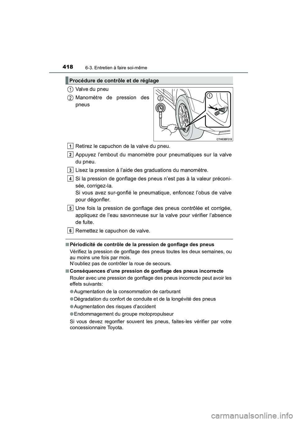 TOYOTA 4RUNNER 2015 Manuel du propriétaire (in French) 4186-3. Entretien à faire soi-même
4RUNNER (D)_(OM35B18D)
Valve du pneu
Manomètre de pression des
pneus
Retirez le capuchon de la valve du pneu.
Appuyez l’embout du manomètre pour pneumatiques s TOYOTA 4RUNNER 2015 Manuel du propriétaire (in French) 4186-3. Entretien à faire soi-même
4RUNNER (D)_(OM35B18D)
Valve du pneu
Manomètre de pression des
pneus
Retirez le capuchon de la valve du pneu.
Appuyez l’embout du manomètre pour pneumatiques s