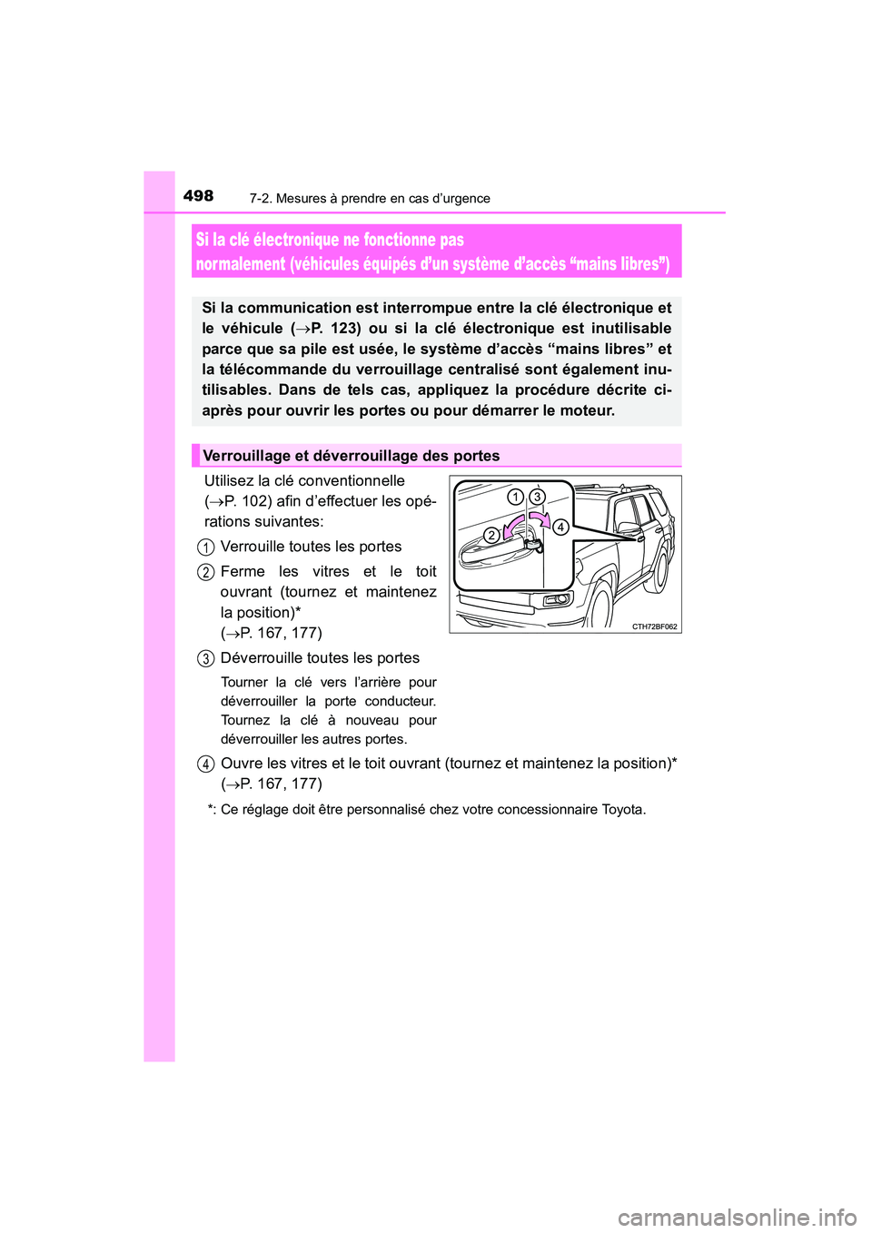 TOYOTA 4RUNNER 2015  Manuel du propriétaire (in French) 4987-2. Mesures à prendre en cas d’urgence
4RUNNER (D)_(OM35B18D)
Utilisez la clé conventionnelle 
(→P. 102) afin d’effectuer les opé-
rations suivantes:
Verrouille toutes les portes
Ferme le