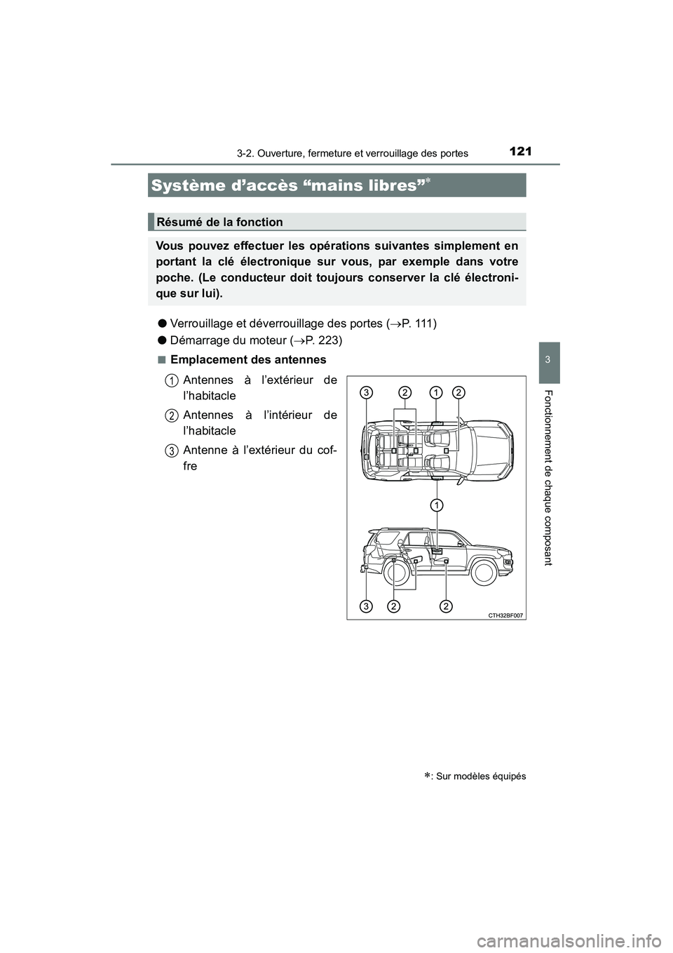 TOYOTA 4RUNNER 2014  Manuel du propriétaire (in French) 121
3
Fonctionnement de chaque composant
4RUNNER (D)_(OM35A83D)
3-2. Ouverture, fermeture et verrouillage des portes
●Verrouillage et déverrouillage des portes ( →P.  1 1 1 )
● Démarrage du mo