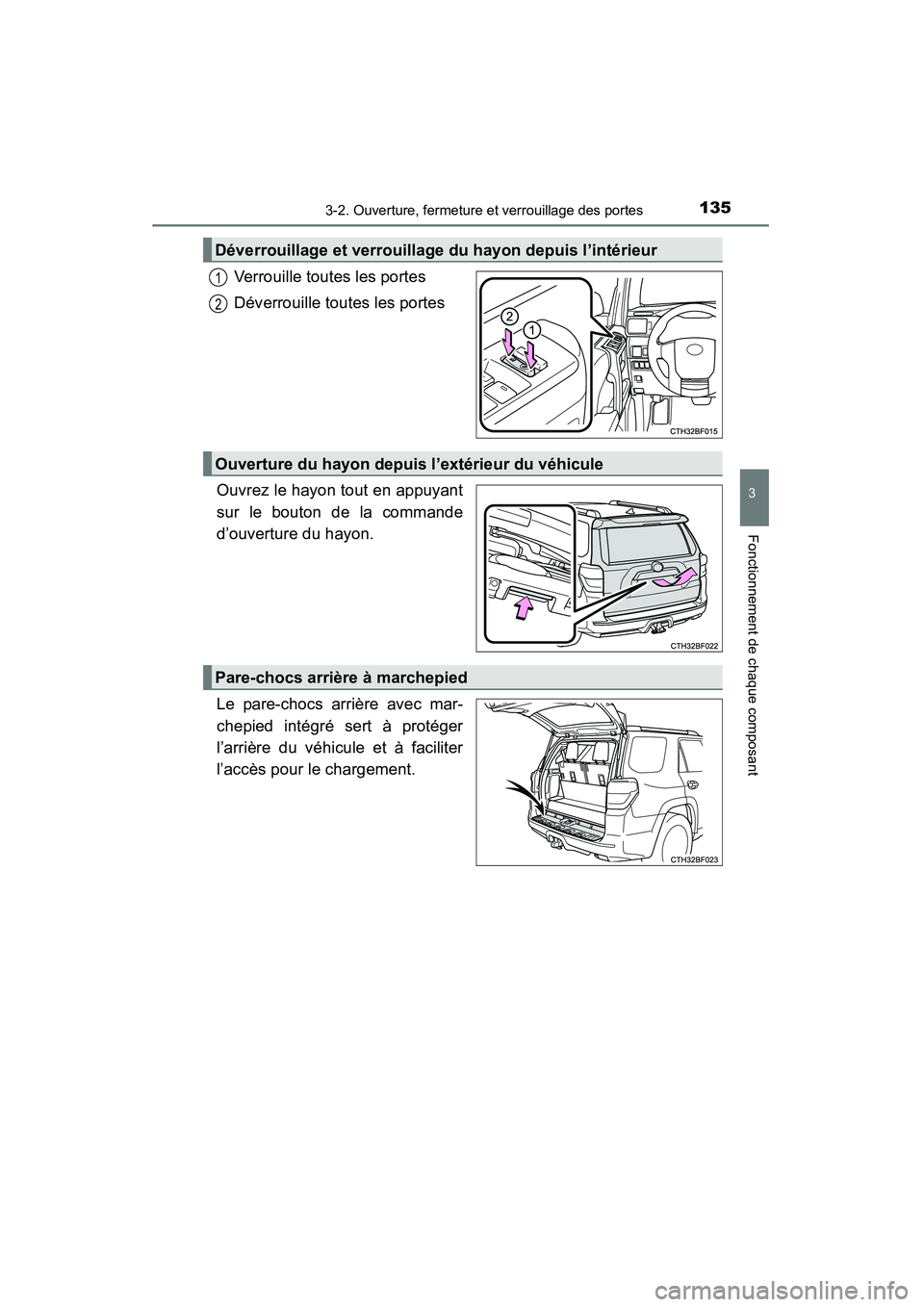 TOYOTA 4RUNNER 2014  Manuel du propriétaire (in French) 1353-2. Ouverture, fermeture et verrouillage des portes
3
Fonctionnement de chaque composant
4RUNNER (D)_(OM35A83D)
Verrouille toutes les portes
Déverrouille toutes les portes
Ouvrez le hayon tout en