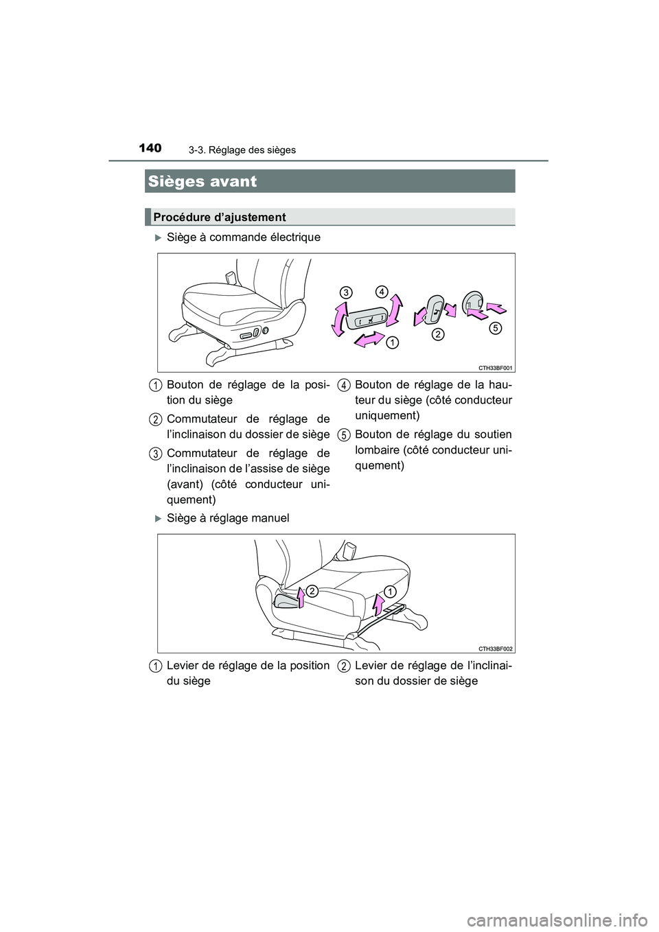 TOYOTA 4RUNNER 2014  Manuel du propriétaire (in French) 140
4RUNNER (D)_(OM35A83D)
3-3. Réglage des sièges
Sièges avant
Procédure d’ajustement
�XSiège à commande électrique
Bouton de réglage de la posi-
tion du siège
Commutateur de réglage de
l
