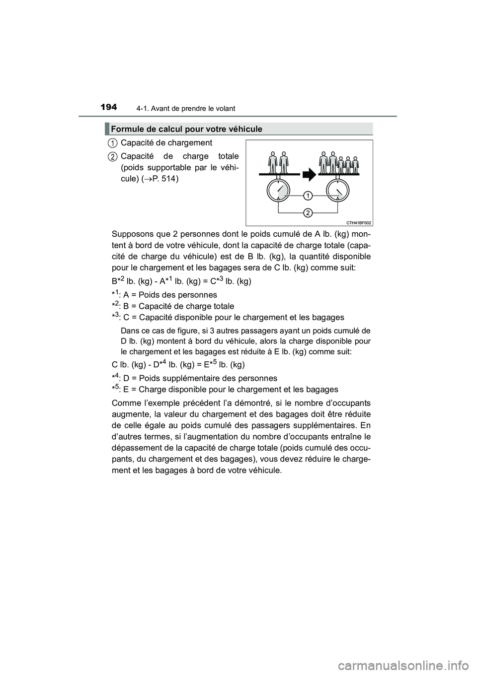 TOYOTA 4RUNNER 2014 Manuel du propriétaire (in French) 1944-1. Avant de prendre le volant
4RUNNER (D)_(OM35A83D)
Capacité de chargement
Capacité de charge totale
(poids supportable par le véhi-
cule) (→P. 514)
Supposons que 2 personnes dont le poids TOYOTA 4RUNNER 2014 Manuel du propriétaire (in French) 1944-1. Avant de prendre le volant
4RUNNER (D)_(OM35A83D)
Capacité de chargement
Capacité de charge totale
(poids supportable par le véhi-
cule) (→P. 514)
Supposons que 2 personnes dont le poids