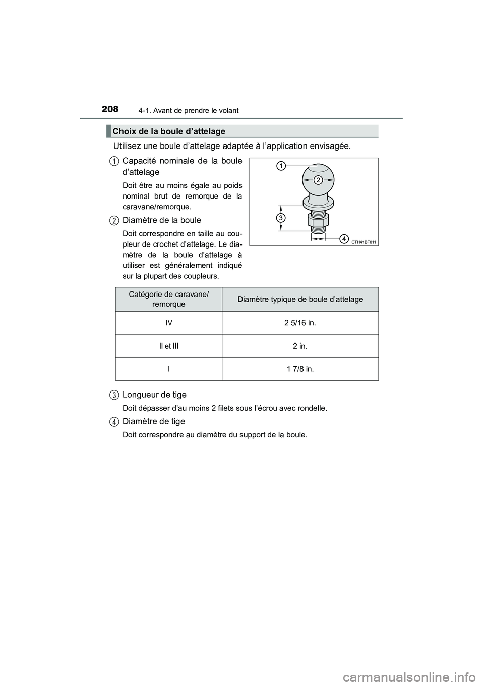 TOYOTA 4RUNNER 2014  Manuel du propriétaire (in French) 2084-1. Avant de prendre le volant
4RUNNER (D)_(OM35A83D)
Utilisez une boule d’attelage adaptée à l’application envisagée.Capacité nominale de la boule
d’attelage
Doit être au moins égale 