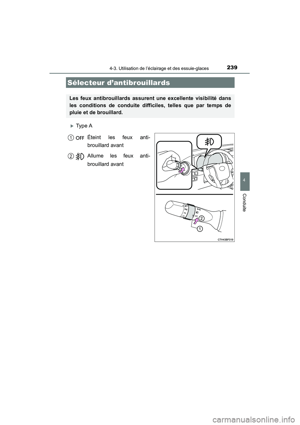 TOYOTA 4RUNNER 2014  Manuel du propriétaire (in French) 2394-3. Utilisation de l’éclairage et des essuie-glaces
4
Conduite
4RUNNER (D)_(OM35A83D)
�XType AÉteint les feux anti-
brouillard avant
Allume les feux anti-
brouillard avant
Sélecteur d’antib