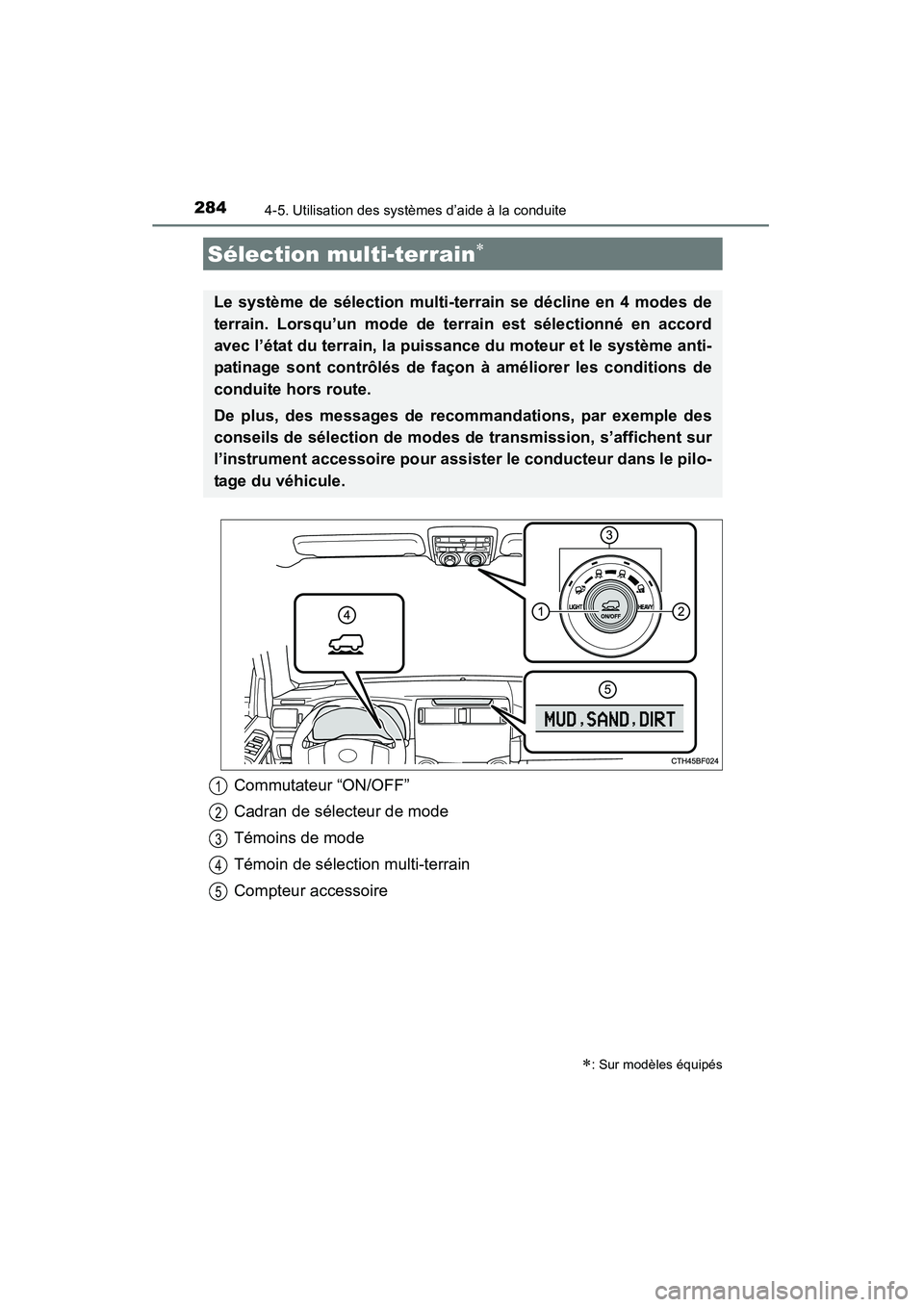 TOYOTA 4RUNNER 2014  Manuel du propriétaire (in French) 2844-5. Utilisation des systèmes d’aide à la conduite
4RUNNER (D)_(OM35A83D)
Sélection multi-terrain∗
∗: Sur modèles équipés
Le système de sélection multi-terrain se décline en 4 modes 