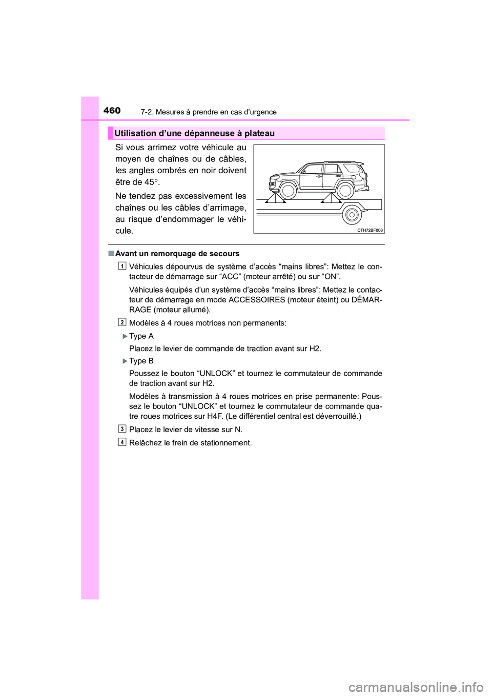 TOYOTA 4RUNNER 2014  Manuel du propriétaire (in French) 4607-2. Mesures à prendre en cas d’urgence
4RUNNER (D)_(OM35A83D)
Si vous arrimez votre véhicule au
moyen de chaînes ou de câbles,
les angles ombrés en noir doivent
être de 45°.
Ne tendez pas