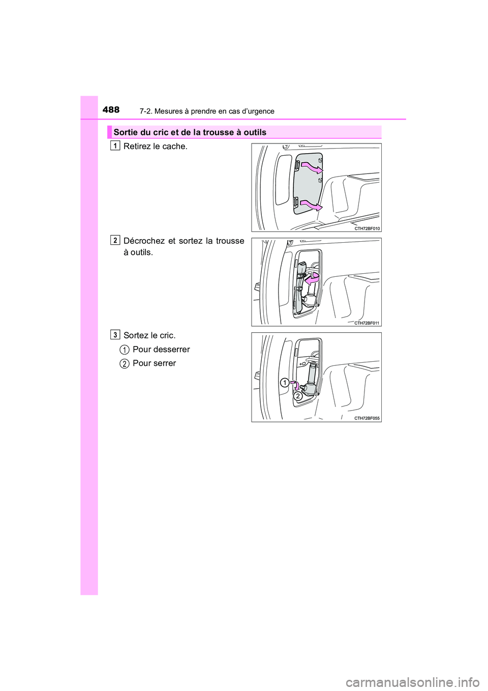 TOYOTA 4RUNNER 2014  Manuel du propriétaire (in French) 4887-2. Mesures à prendre en cas d’urgence
4RUNNER (D)_(OM35A83D)
Retirez le cache.
Décrochez et sortez la trousse
à outils.
Sortez le cric.Pour desserrer
Pour serrer
Sortie du cric et de la trou