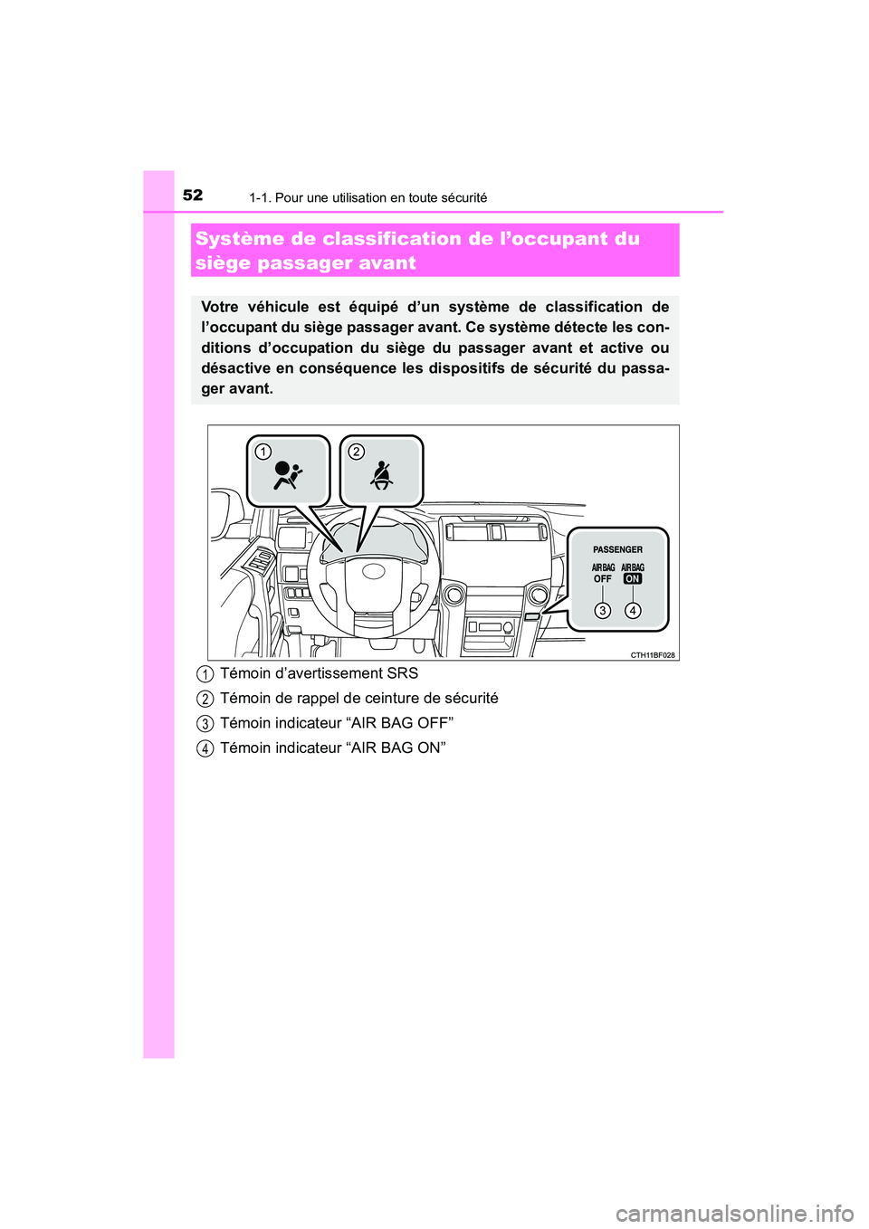 TOYOTA 4RUNNER 2014  Manuel du propriétaire (in French) 521-1. Pour une utilisation en toute sécurité
4RUNNER (D)_(OM35A83D)
Système de classification de l’occupant du 
siège passager avant
Votre véhicule est équipé d’un système de classificati