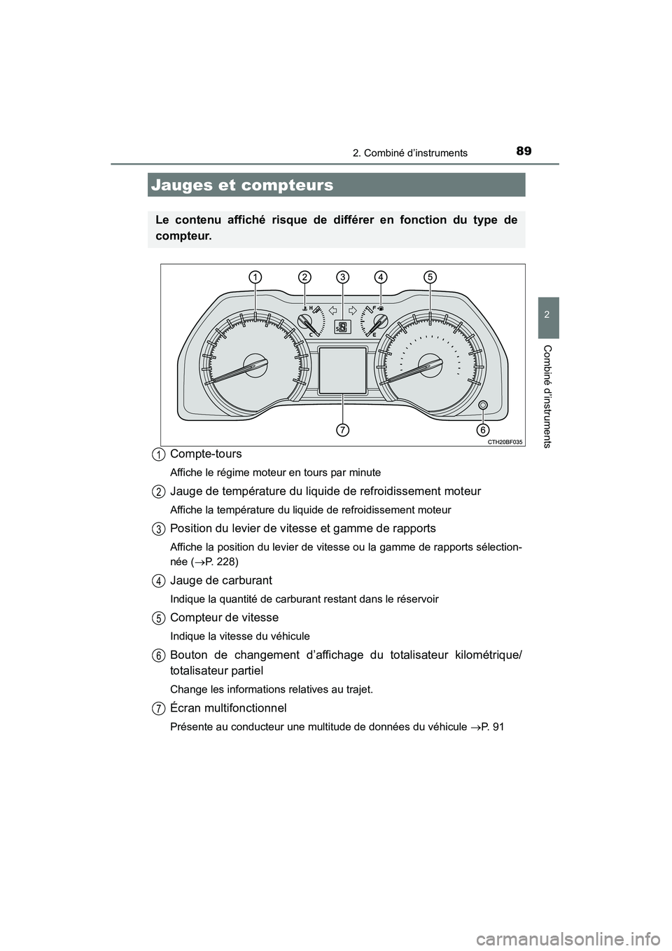 TOYOTA 4RUNNER 2014  Manuel du propriétaire (in French) 892. Combiné d’instruments
2
Combiné d’instruments
4RUNNER (D)_(OM35A83D)
Compte-tours
Affiche le régime moteur en tours par minute
Jauge de température du liquide de refroidissement moteur
Af