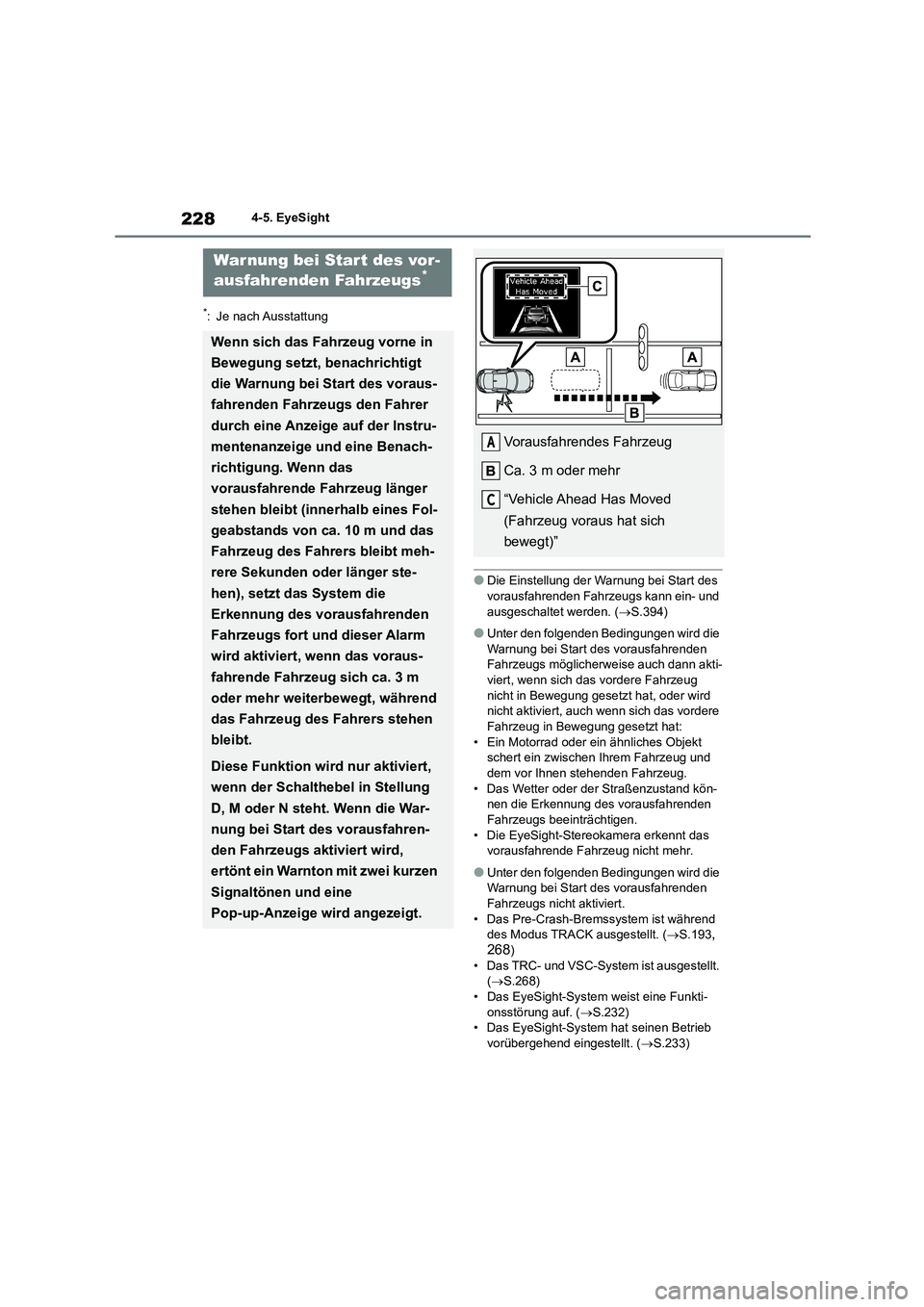 TOYOTA 86 2022  Betriebsanleitungen (in German) 2284-5. EyeSight
*: Je nach Ausstattung
●Die Einstellung der Warnung bei Start des  
vorausfahrenden Fahrzeugs kann ein- und 
ausgeschaltet werden. ( S.394)
●Unter den folgenden Bedingungen wir