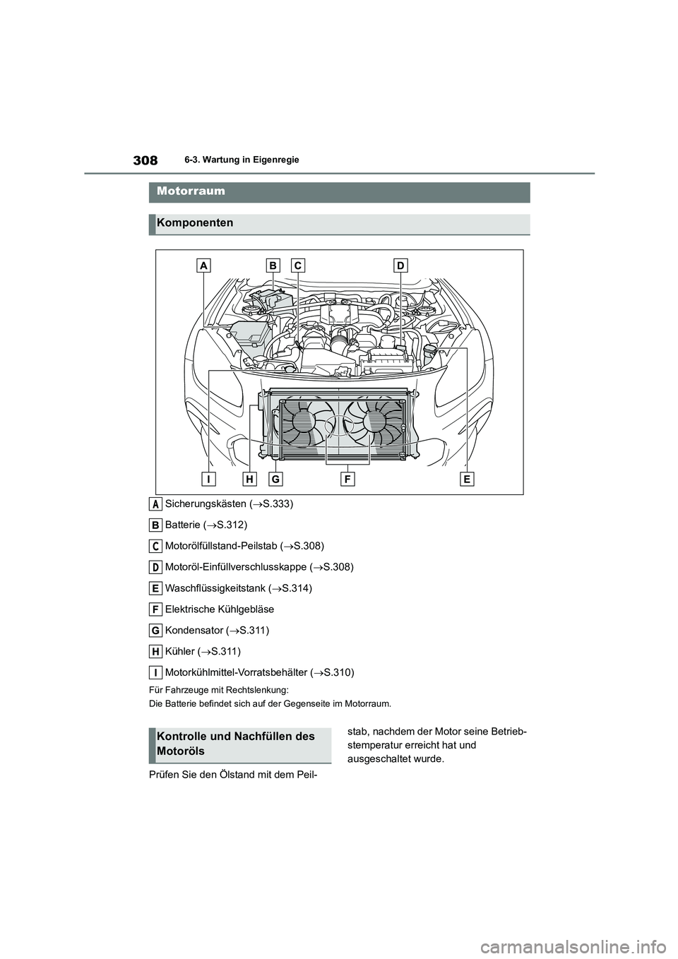 TOYOTA 86 2022  Betriebsanleitungen (in German) 3086-3. Wartung in Eigenregie
Sicherungskästen (S.333) 
Batterie ( S.312) 
Motorölfüllstand-Peilstab ( S.308) 
Motoröl-Einfüllverschlusskappe ( S.308) 
Waschflüssigkeitstank ( S.3