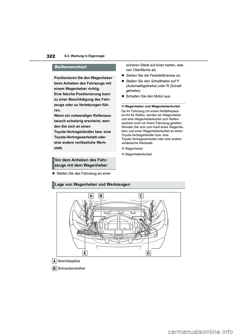 TOYOTA 86 2022  Betriebsanleitungen (in German) 3226-3. Wartung in Eigenregie
Stellen Sie das Fahrzeug an einer  
sicheren Stelle auf einer harten, ebe- 
nen Oberfläche ab. 
 Ziehen Sie die Feststellbremse an. 
 Stellen Sie den Schalthebe