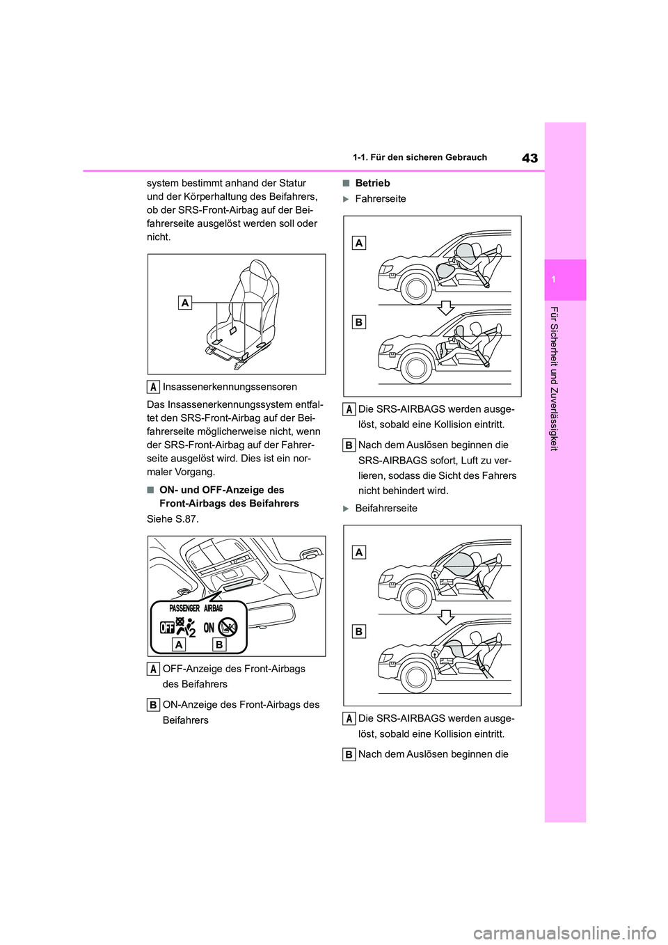 TOYOTA 86 2022  Betriebsanleitungen (in German) 43
1 
1-1. Für den sicheren Gebrauch
Für Sicherheit und Zuverlässigkeit
system bestimmt anhand der Statur  
und der Körperhaltung des Beifahrers, 
ob der SRS-Front-Airbag auf der Bei-
fahrerseite 
