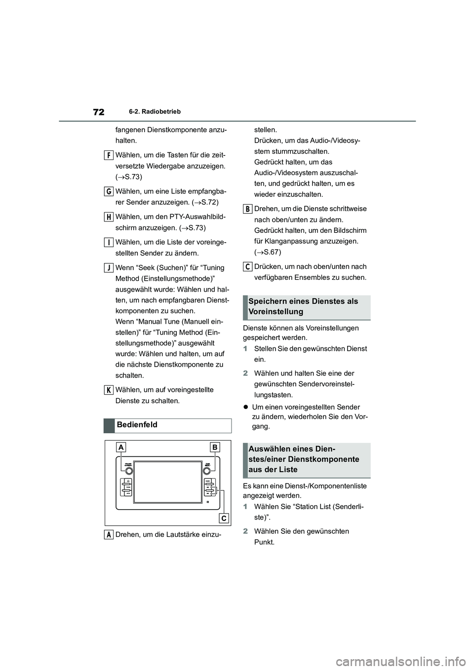 TOYOTA 86 2022  Betriebsanleitungen (in German) 726-2. Radiobetrieb
fangenen Dienstkomponente anzu- 
halten. 
Wählen, um die Tasten für die zeit- 
versetzte Wiedergabe anzuzeigen.  
( S.73) 
Wählen, um eine Liste empfangba- 
rer Sender anzuze