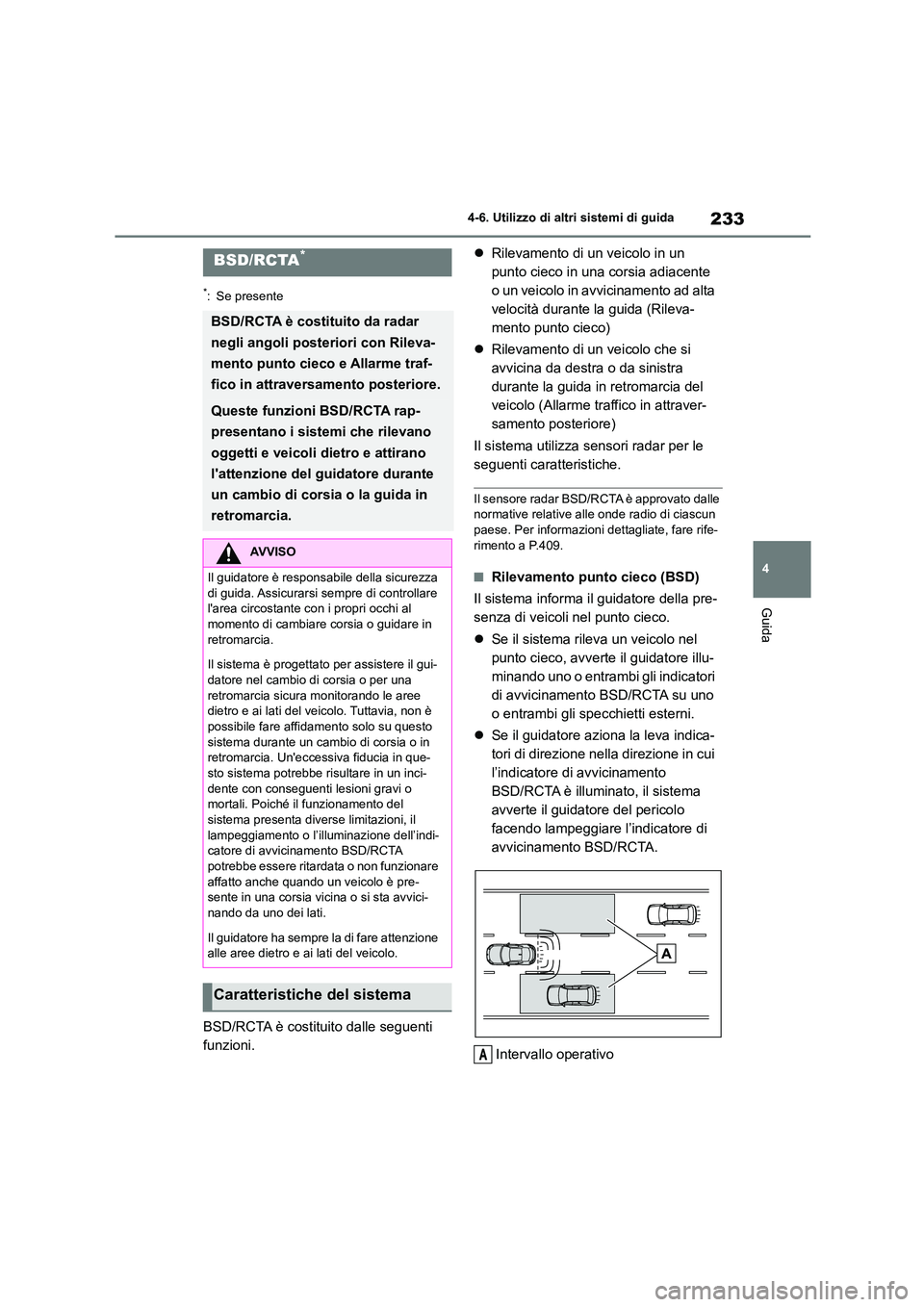 TOYOTA 86 2022 Manuale duso (in Italian) 233
4
4-6. Utilizzo di altri sistemi di guida
Guida
4-6.Utilizzo di altri sistemi di guida
*: Se presente
BSD/RCTA è costituito dalle seguenti
funzioni.
Rilevamento di un veicolo in un
punt TOYOTA 86 2022 Manuale duso (in Italian) 233
4
4-6. Utilizzo di altri sistemi di guida
Guida
4-6.Utilizzo di altri sistemi di guida
*: Se presente
BSD/RCTA è costituito dalle seguenti
funzioni.
Rilevamento di un veicolo in un
punt