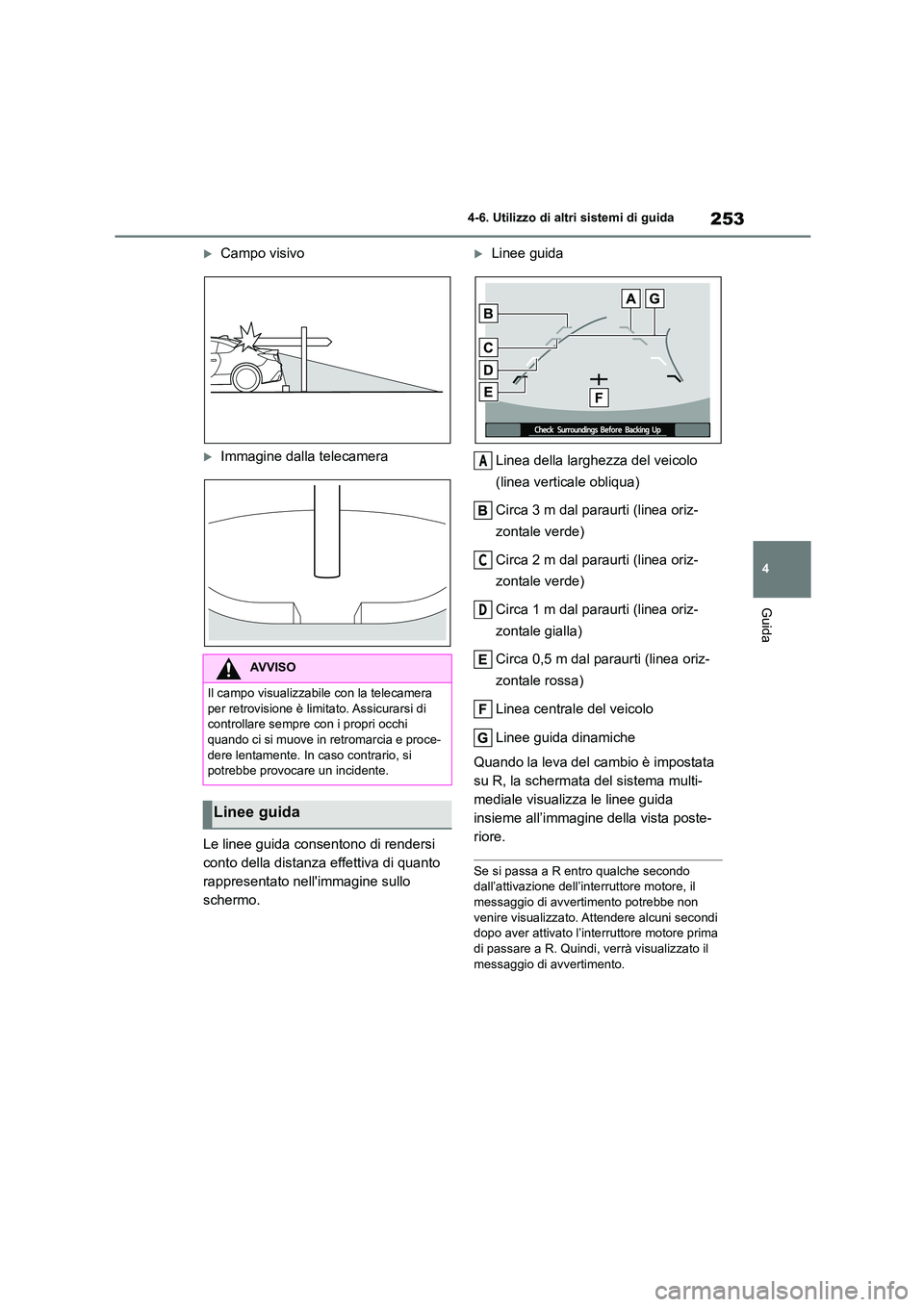 TOYOTA 86 2022 Manuale duso (in Italian) 253
4
4-6. Utilizzo di altri sistemi di guida
Guida
Campo visivo
Immagine dalla telecamera
Le linee guida consentono di rendersi
conto della distanza effettiva di quanto
rappresentato nell TOYOTA 86 2022 Manuale duso (in Italian) 253
4
4-6. Utilizzo di altri sistemi di guida
Guida
Campo visivo
Immagine dalla telecamera
Le linee guida consentono di rendersi
conto della distanza effettiva di quanto
rappresentato nell