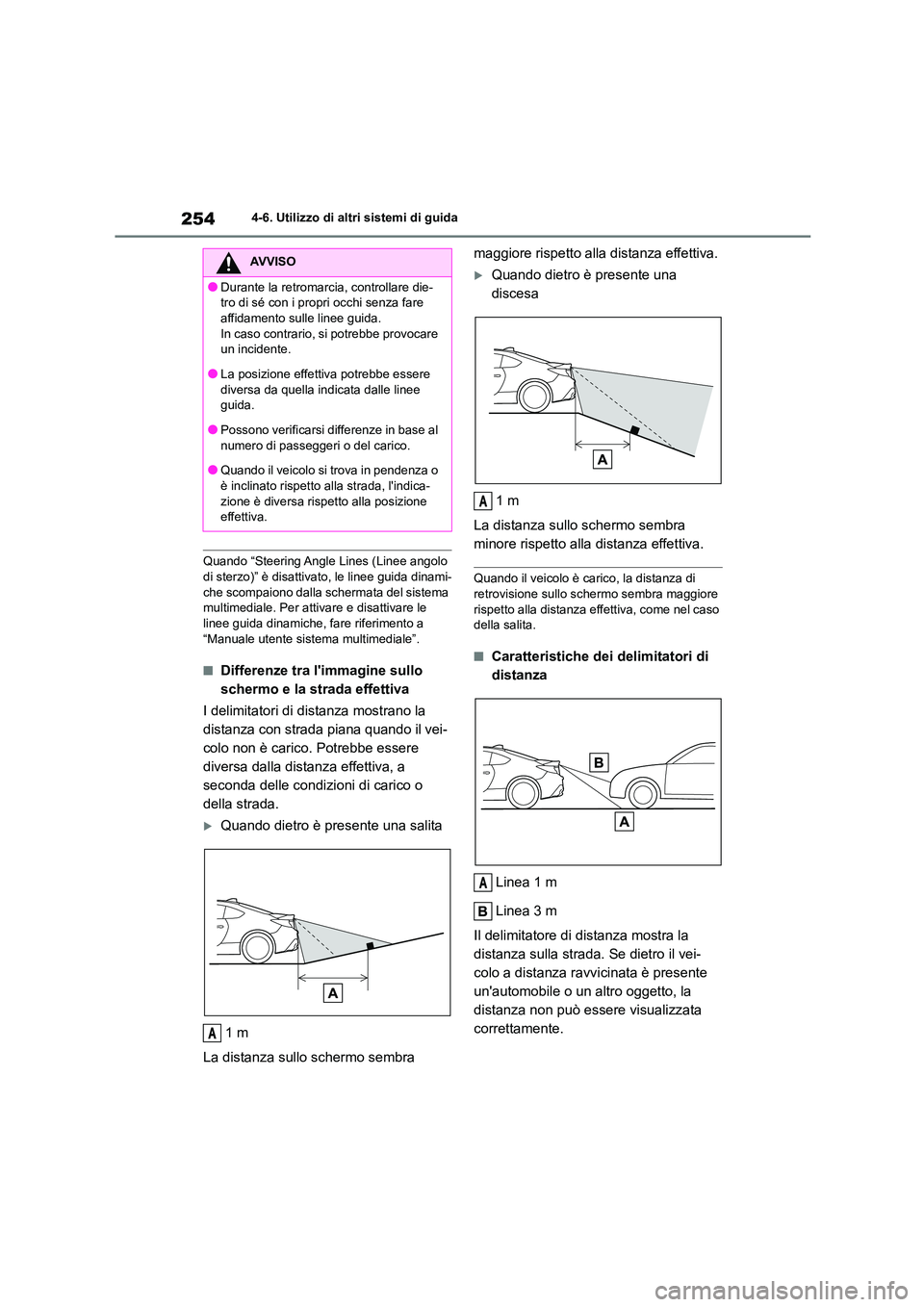 TOYOTA 86 2022 Manuale duso (in Italian) 2544-6. Utilizzo di altri sistemi di guida
Quando “Steering Angle Lines (Linee angolo
di sterzo)” è disattivato, le linee guida dinami-
che scompaiono dalla schermata del sistema multimediale. TOYOTA 86 2022 Manuale duso (in Italian) 2544-6. Utilizzo di altri sistemi di guida
Quando “Steering Angle Lines (Linee angolo
di sterzo)” è disattivato, le linee guida dinami-
che scompaiono dalla schermata del sistema multimediale.