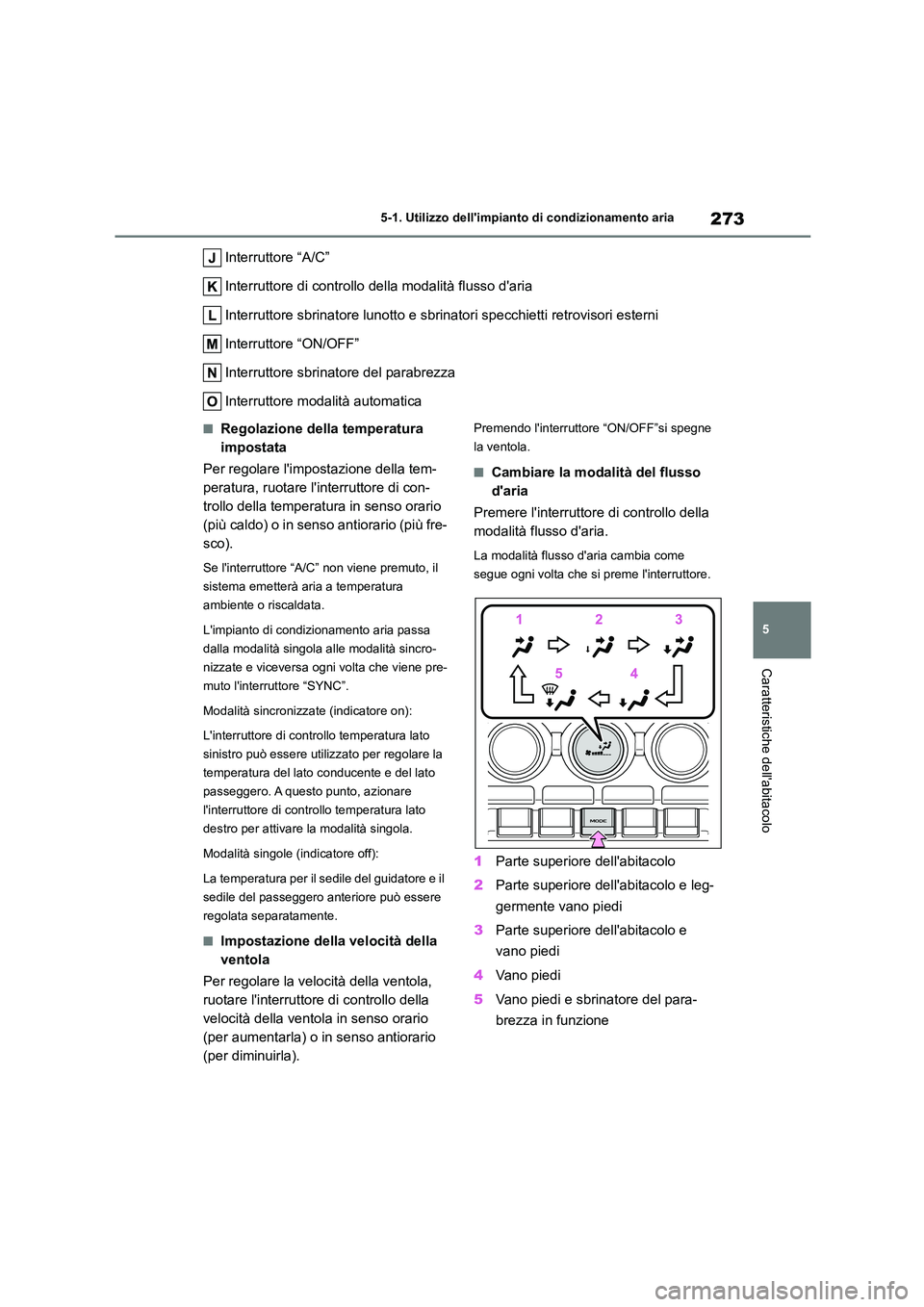 TOYOTA 86 2022 Manuale duso (in Italian) 273
5
5-1. Utilizzo dellimpianto di condizionamento aria
Caratteristiche dellabitacolo
Interruttore “A/C”
Interruttore di controllo della modalità flusso daria
Interruttore sbrinatore luno TOYOTA 86 2022 Manuale duso (in Italian) 273
5
5-1. Utilizzo dellimpianto di condizionamento aria
Caratteristiche dellabitacolo
Interruttore “A/C”
Interruttore di controllo della modalità flusso daria
Interruttore sbrinatore luno