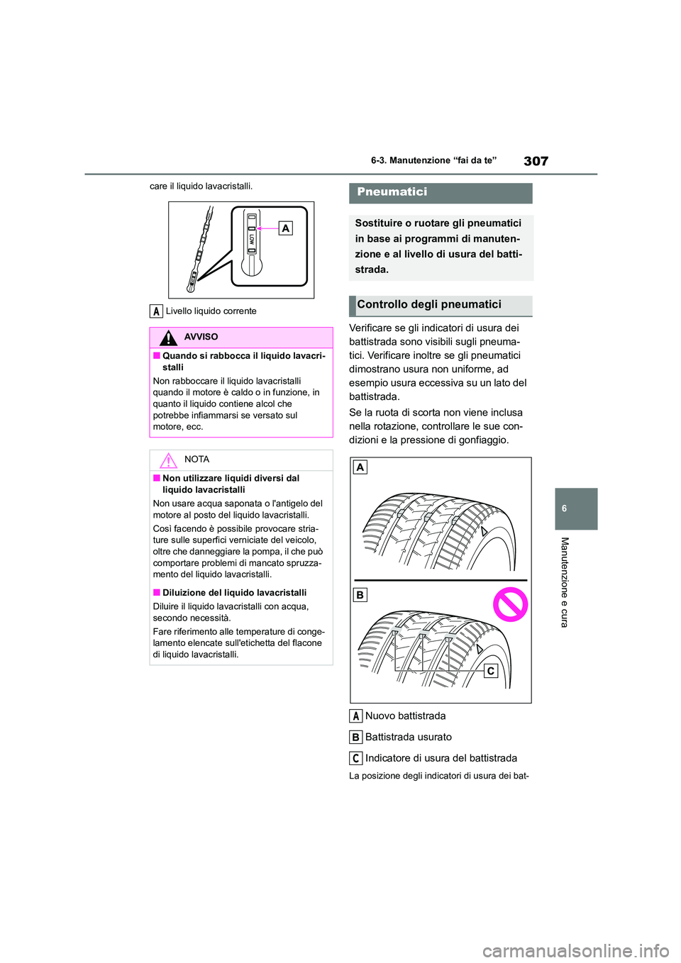 TOYOTA 86 2022 Manuale duso (in Italian) 307
6
6-3. Manutenzione “fai da te”
Manutenzione e cura
care il liquido lavacristalli.
Livello liquido corrente
Verificare se gli indicatori di usura dei
battistrada sono visibili sugli pneuma TOYOTA 86 2022 Manuale duso (in Italian) 307
6
6-3. Manutenzione “fai da te”
Manutenzione e cura
care il liquido lavacristalli.
Livello liquido corrente
Verificare se gli indicatori di usura dei
battistrada sono visibili sugli pneuma