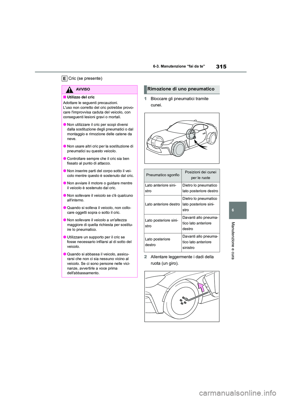 TOYOTA 86 2022 Manuale duso (in Italian) 315
6
6-3. Manutenzione “fai da te”
Manutenzione e cura
Cric (se presente)
1 Bloccare gli pneumatici tramite
cunei.
2 Allentare leggermente i dadi della
ruota (un giro).
AVVISO
■Utilizzo TOYOTA 86 2022 Manuale duso (in Italian) 315
6
6-3. Manutenzione “fai da te”
Manutenzione e cura
Cric (se presente)
1 Bloccare gli pneumatici tramite
cunei.
2 Allentare leggermente i dadi della
ruota (un giro).
AVVISO
■Utilizzo