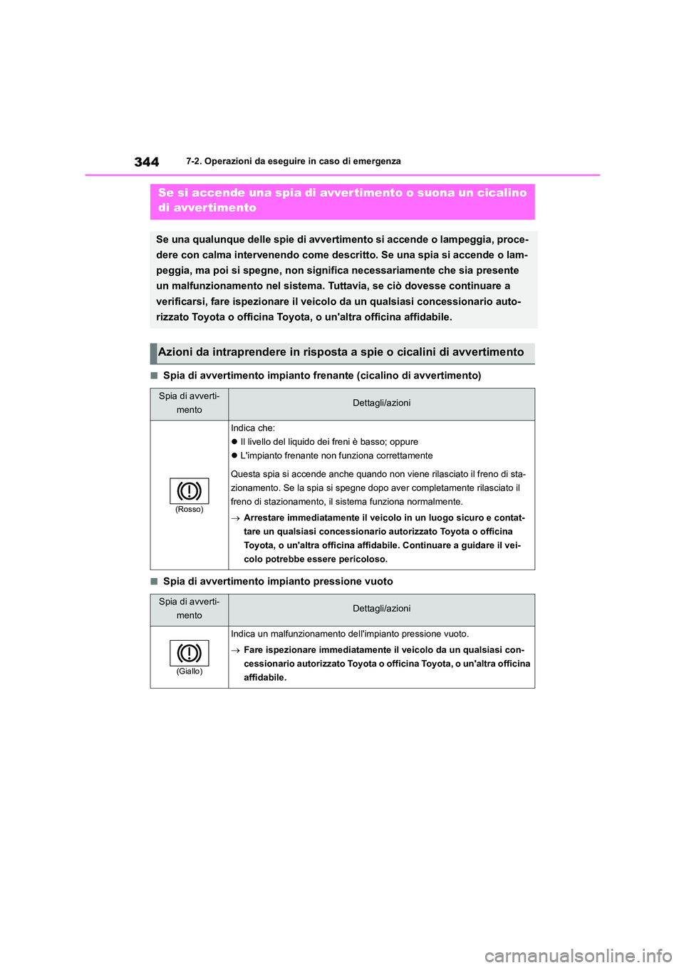 TOYOTA 86 2022 Manuale duso (in Italian) 3447-2. Operazioni da eseguire in caso di emergenza
■Spia di avvertimento impianto frenante (cicalino di avvertimento)
■Spia di avvertimento impianto pressione vuoto
Se si accende una spia di avve TOYOTA 86 2022 Manuale duso (in Italian) 3447-2. Operazioni da eseguire in caso di emergenza
■Spia di avvertimento impianto frenante (cicalino di avvertimento)
■Spia di avvertimento impianto pressione vuoto
Se si accende una spia di avve