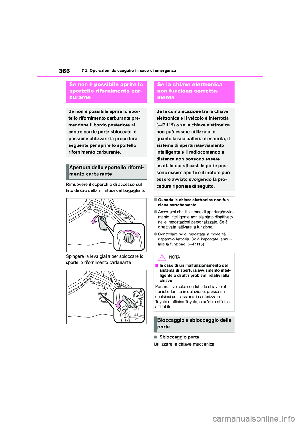 TOYOTA 86 2022 Manuale duso (in Italian) 3667-2. Operazioni da eseguire in caso di emergenza
Rimuovere il coperchio di accesso sul
lato destro della rifinitura del bagagliaio.
Spingere la leva gialla per sbloccare lo
sportello rifornime TOYOTA 86 2022 Manuale duso (in Italian) 3667-2. Operazioni da eseguire in caso di emergenza
Rimuovere il coperchio di accesso sul
lato destro della rifinitura del bagagliaio.
Spingere la leva gialla per sbloccare lo
sportello rifornime