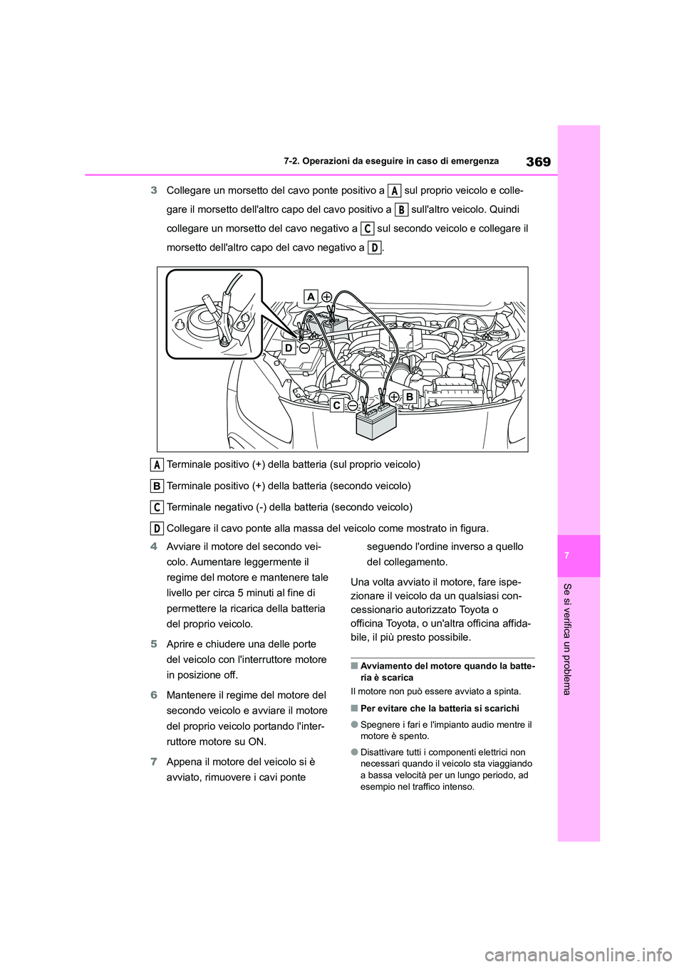 TOYOTA 86 2022 Manuale duso (in Italian) 369
7
7-2. Operazioni da eseguire in caso di emergenza
Se si verifica un problema
3 Collegare un morsetto del cavo ponte positivo a sul proprio veicolo e colle-
gare il morsetto dellaltro capo de TOYOTA 86 2022 Manuale duso (in Italian) 369
7
7-2. Operazioni da eseguire in caso di emergenza
Se si verifica un problema
3 Collegare un morsetto del cavo ponte positivo a sul proprio veicolo e colle-
gare il morsetto dellaltro capo de