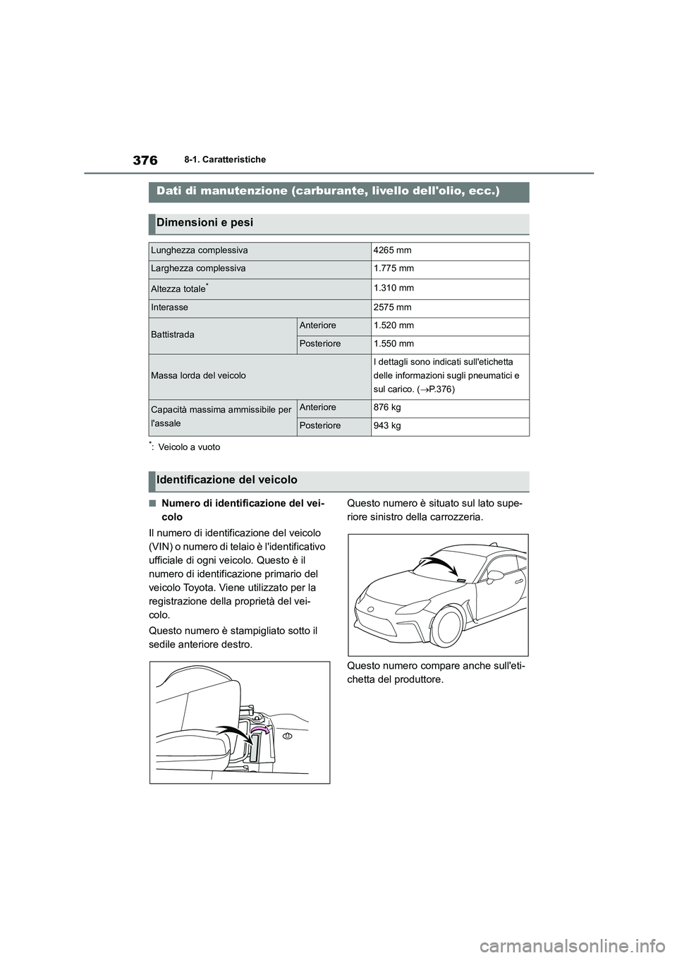 TOYOTA 86 2022 Manuale duso (in Italian) 3768-1. Caratteristiche
8-1.Caratteristiche
*: Veicolo a vuoto
■Numero di identificazione del vei-
colo
Il numero di identificazione del veicolo
(VIN) o numero di telaio è lidentificativo
uff TOYOTA 86 2022 Manuale duso (in Italian) 3768-1. Caratteristiche
8-1.Caratteristiche
*: Veicolo a vuoto
■Numero di identificazione del vei-
colo
Il numero di identificazione del veicolo
(VIN) o numero di telaio è lidentificativo
uff