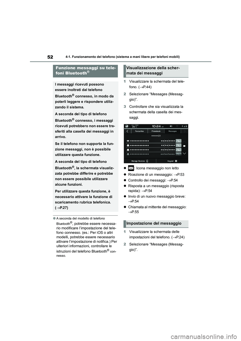 TOYOTA 86 2022  Manuale duso (in Italian) 524-1. Funzionamento del telefono (sistema a mani libere per telefoni mobili)
●A seconda del modello di telefono  
Bluetooth®, potrebbe essere necessa- 
rio modificare l’impostazione del tele- 
f