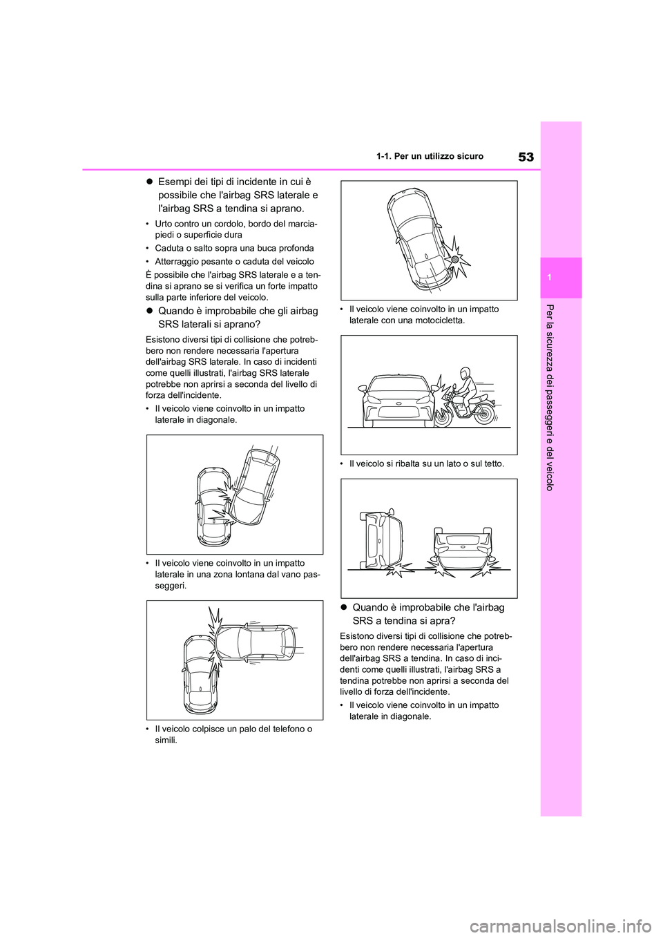 TOYOTA 86 2022 Manuale duso (in Italian) 53
1
1-1. Per un utilizzo sicuro
Per la sicurezza dei passeggeri e del veicolo
Esempi dei tipi di incidente in cui è
possibile che lairbag SRS laterale e
lairbag SRS a tendina si aprano.
TOYOTA 86 2022 Manuale duso (in Italian) 53
1
1-1. Per un utilizzo sicuro
Per la sicurezza dei passeggeri e del veicolo
Esempi dei tipi di incidente in cui è
possibile che lairbag SRS laterale e
lairbag SRS a tendina si aprano.