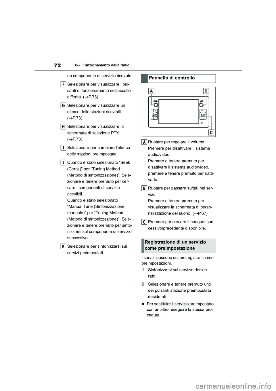 TOYOTA 86 2022 Manuale duso (in Italian) 726-2. Funzionamento della radio
un componente di servizio ricevuto.
Selezionare per visualizzare i pul-
santi di funzionamento dell’ascolto
differito. ( P. 7 3 )
Selezionare per visualizzar TOYOTA 86 2022 Manuale duso (in Italian) 726-2. Funzionamento della radio
un componente di servizio ricevuto.
Selezionare per visualizzare i pul-
santi di funzionamento dell’ascolto
differito. ( P. 7 3 )
Selezionare per visualizzar