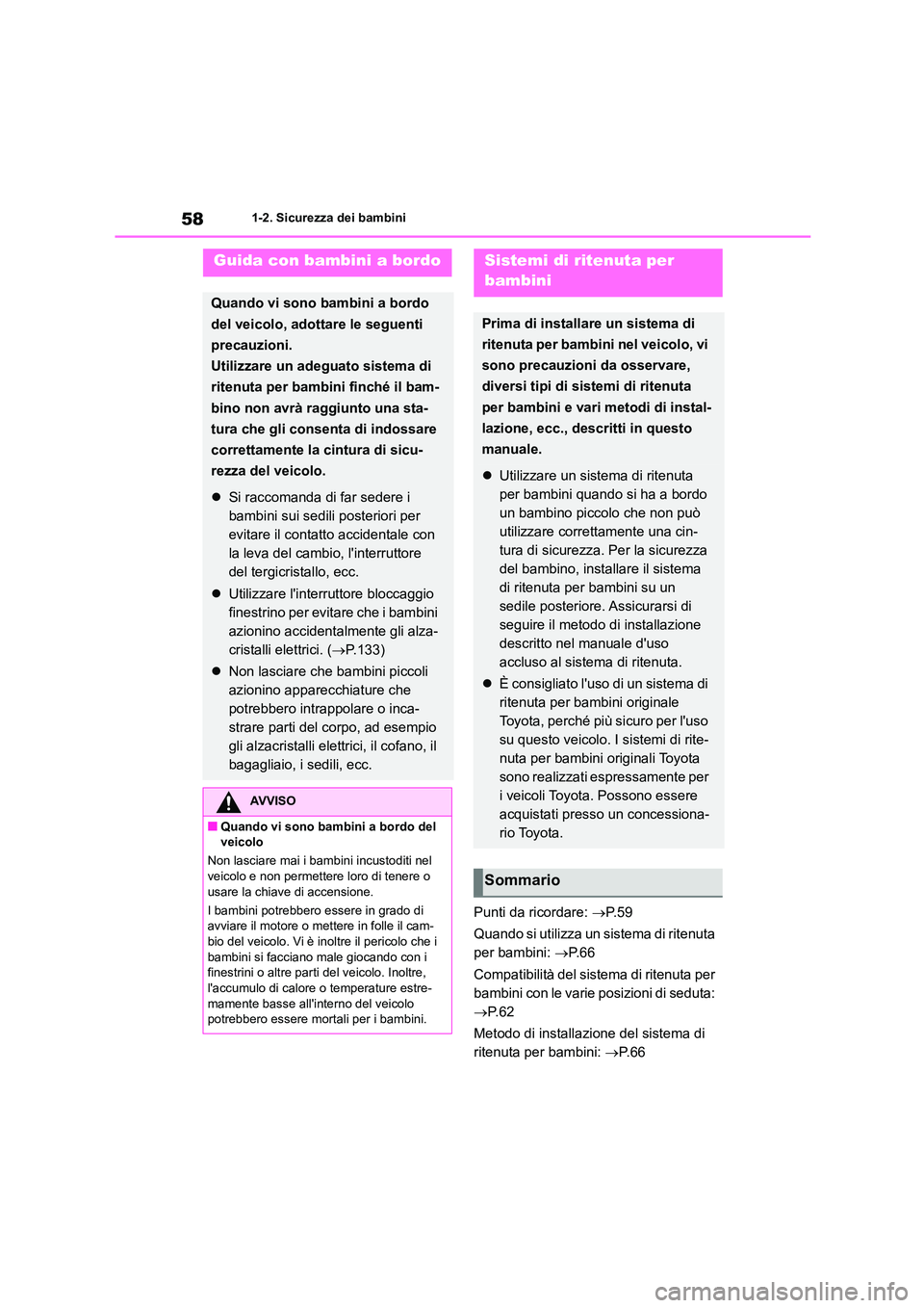 TOYOTA 86 2022 Manuale duso (in Italian) 581-2. Sicurezza dei bambini
1-2.Sicurezza dei bambini
Punti da ricordare: P. 5 9
Quando si utilizza un sistema di ritenuta
per bambini: P. 6 6
Compatibilità del sistema di ritenuta per
TOYOTA 86 2022 Manuale duso (in Italian) 581-2. Sicurezza dei bambini
1-2.Sicurezza dei bambini
Punti da ricordare: P. 5 9
Quando si utilizza un sistema di ritenuta
per bambini: P. 6 6
Compatibilità del sistema di ritenuta per